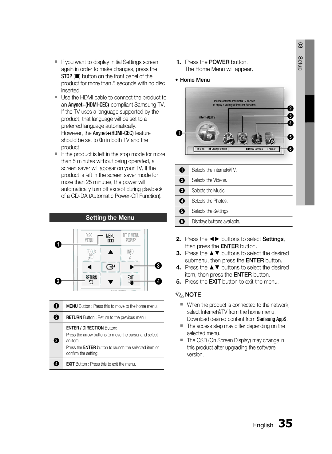 Samsung HT-C9950W/XER manual Setting the Menu, Press the Exit button to exit the menu 