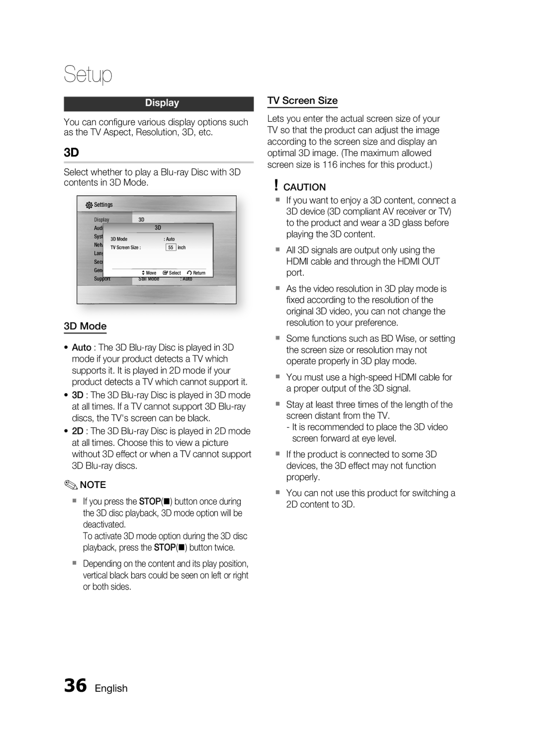 Samsung HT-C9950W/XER manual Display, 3D Mode, TV Screen Size 