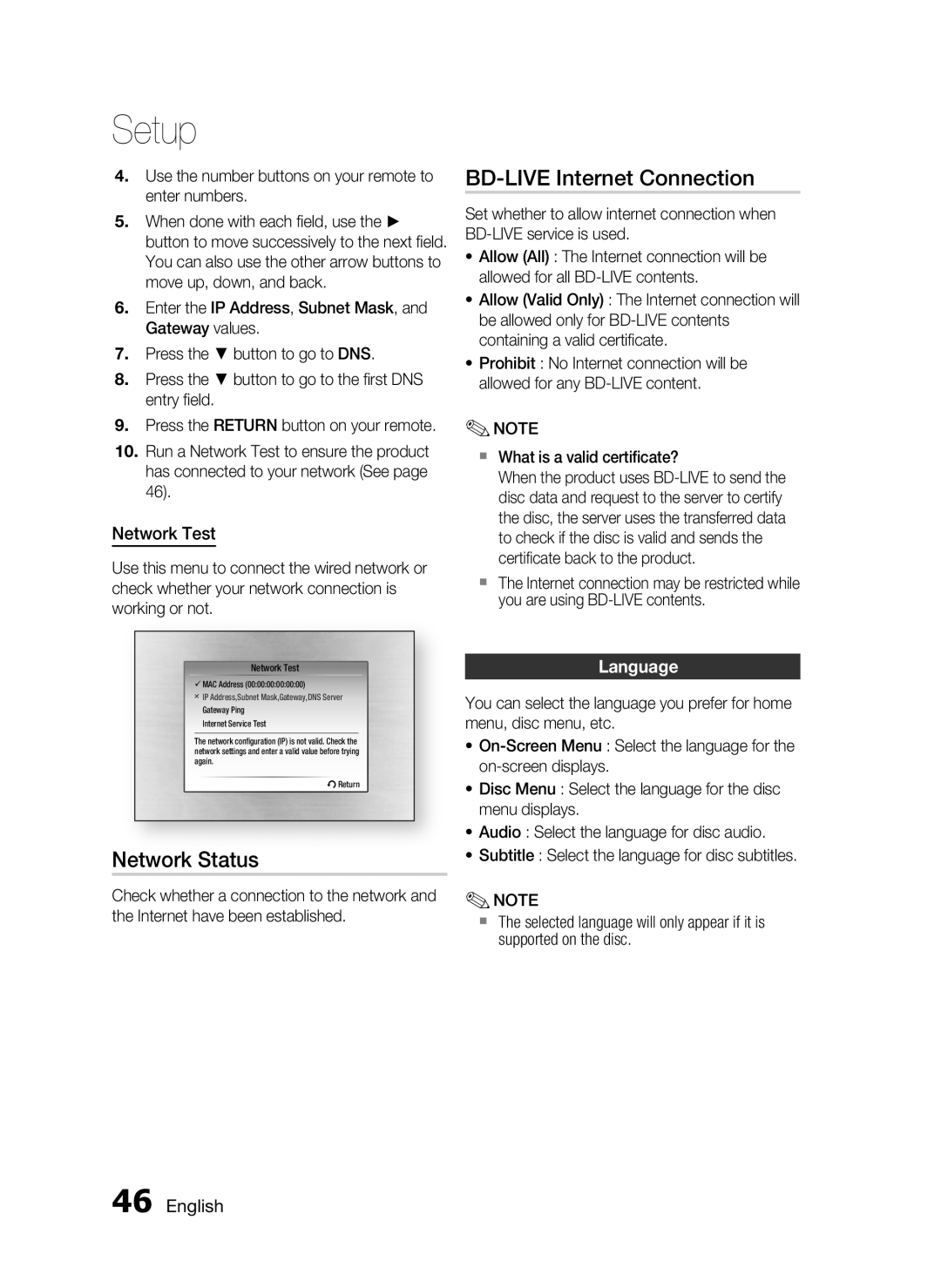 Samsung HT-C9950W/XER manual Network Status, BD-LIVE Internet Connection, Network Test, Language 