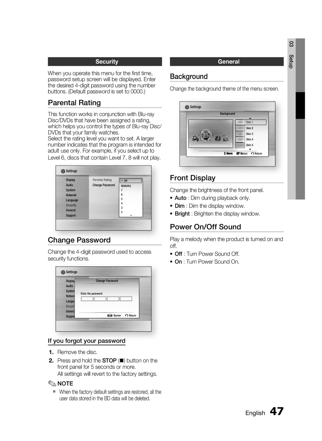 Samsung HT-C9950W/XER manual Parental Rating, Change Password, Background, Front Display, Power On/Off Sound 