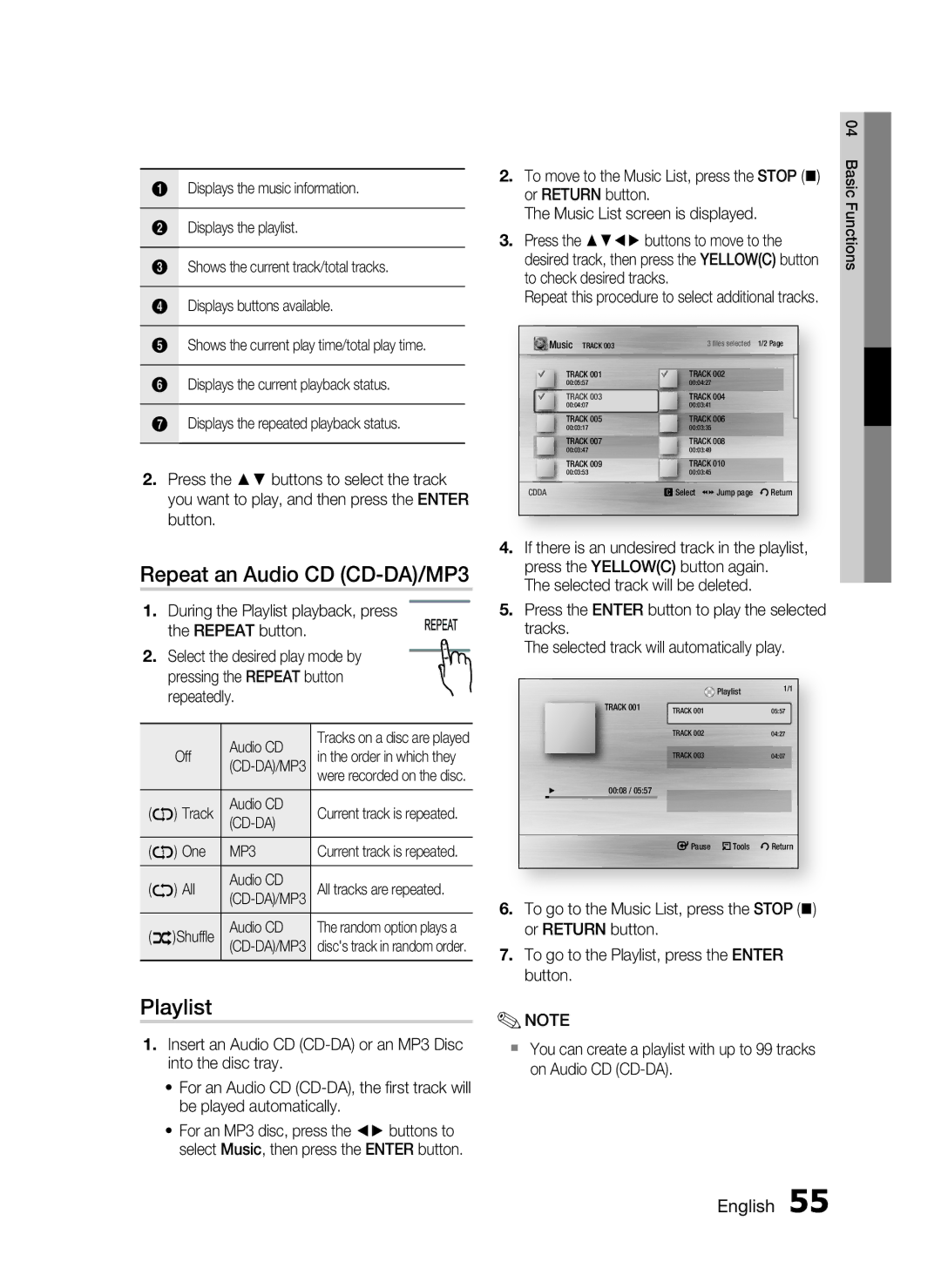 Samsung HT-C9950W/XER manual Repeat an Audio CD CD-DA/MP3, Playlist, Cd-Da 