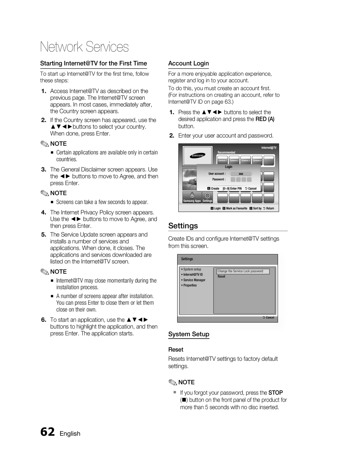 Samsung HT-C9950W/XER manual Settings, Starting Internet@TV for the First Time, Account Login, System Setup 