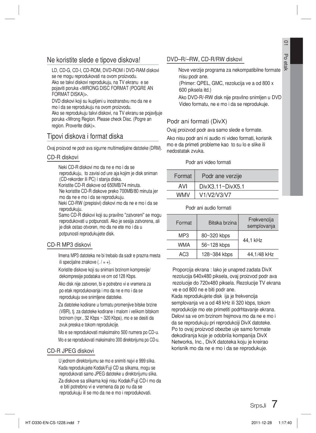 Samsung HT-D330/EN manual Ne koristite sledeće tipove diskova, Tipovi diskova i format diska 