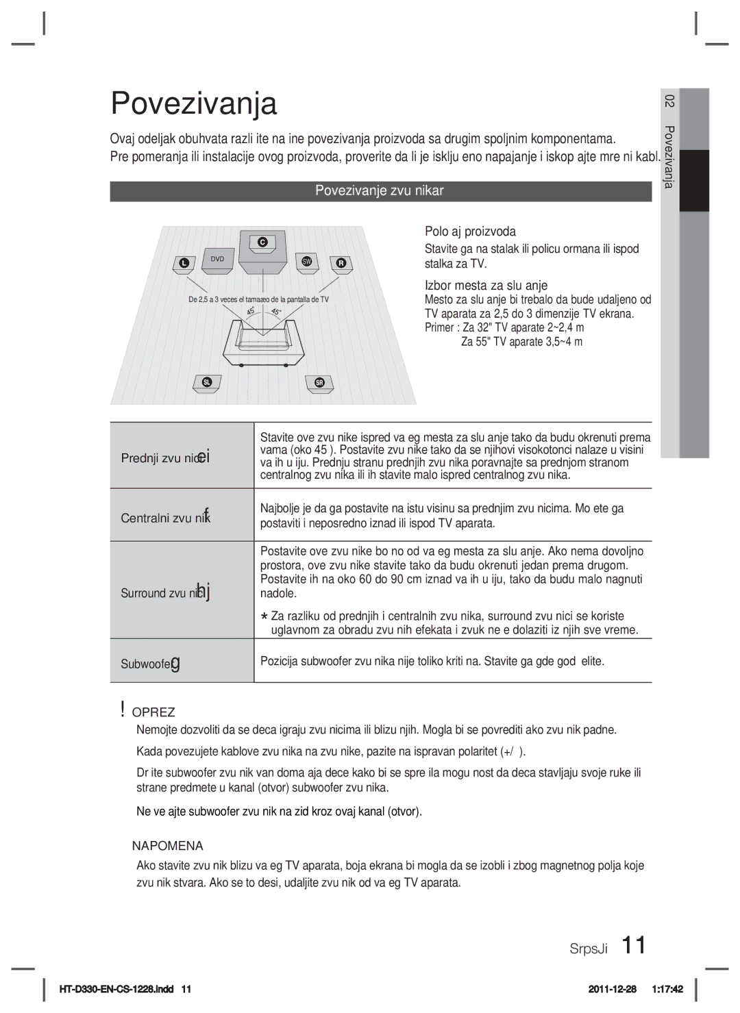 Samsung HT-D330/EN manual Povezivanja, Povezivanje zvučnikar, Oprez 