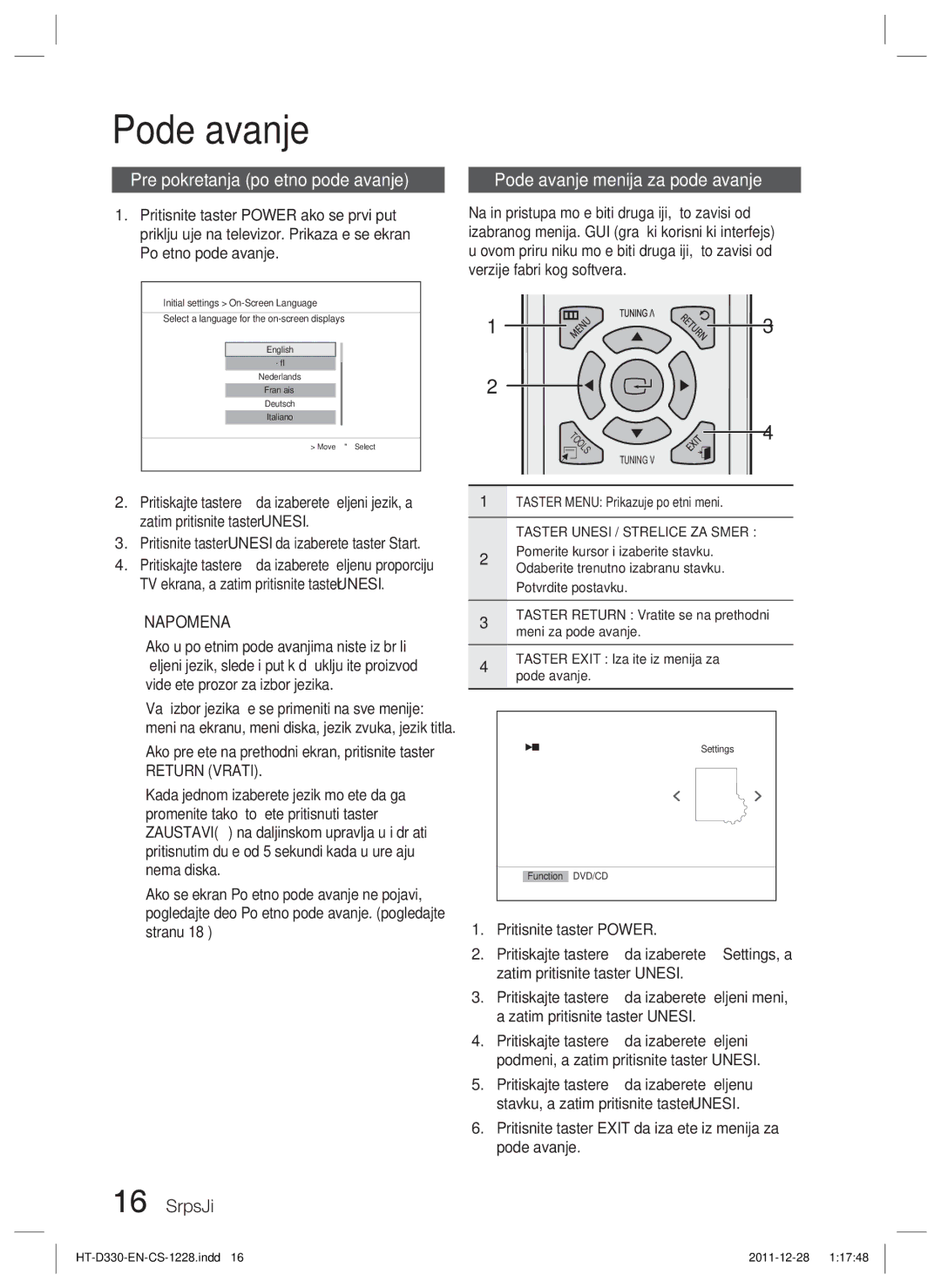 Samsung HT-D330/EN manual Pre pokretanja početno podešavanje, Podešavanje menija za podešavanje 