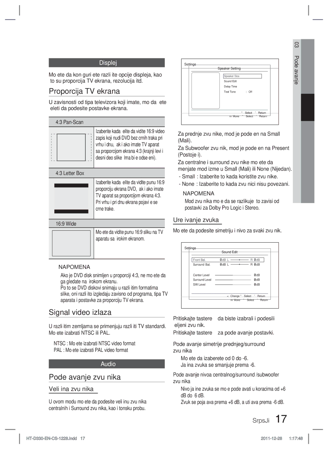 Samsung HT-D330/EN manual Proporcija TV ekrana, Signal video izlaza, Podešavanje zvučnika, Displej 