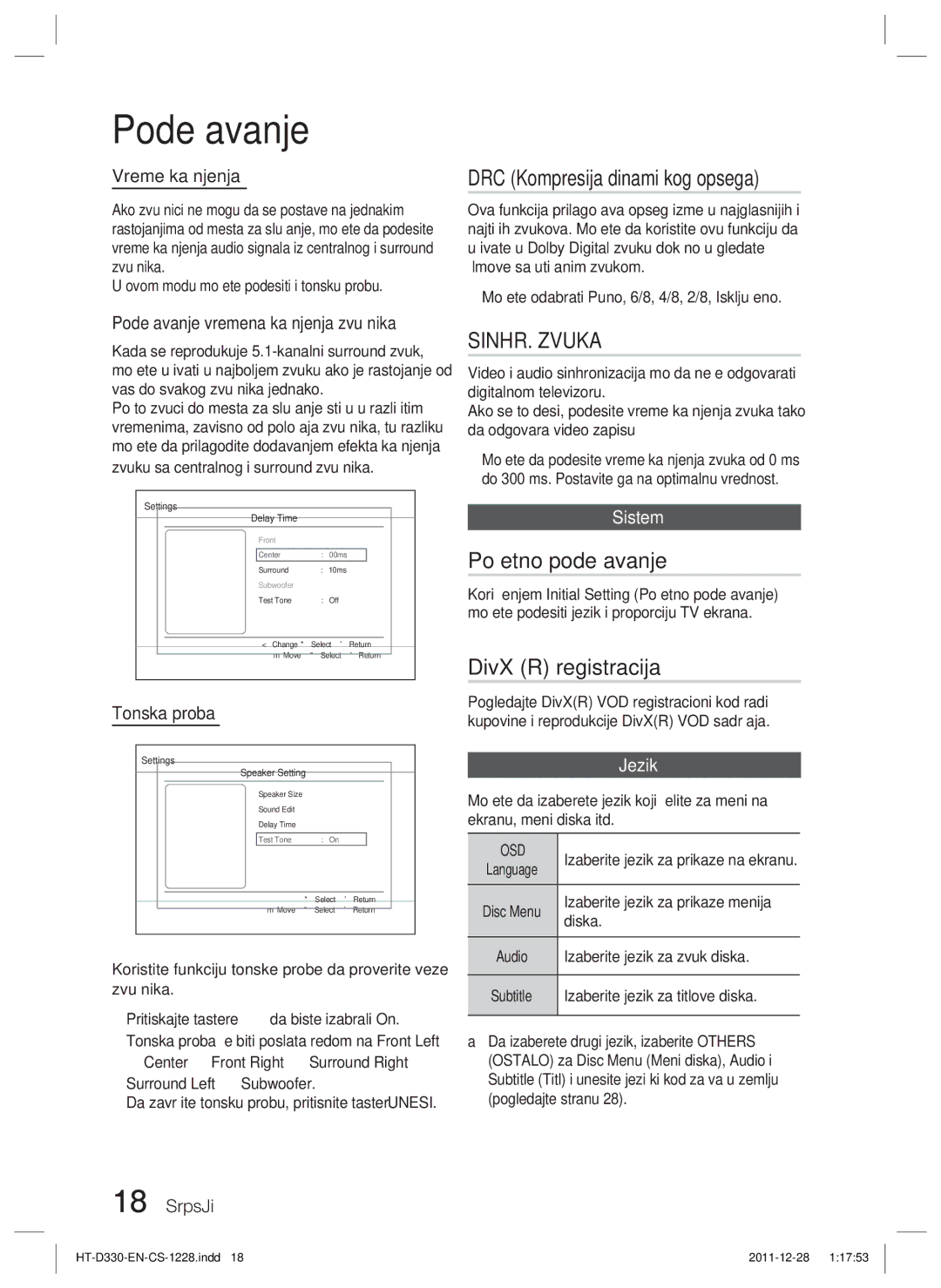 Samsung HT-D330/EN manual DRC Kompresija dinamičkog opsega, Početno podešavanje, DivX R registracija, Jezik 