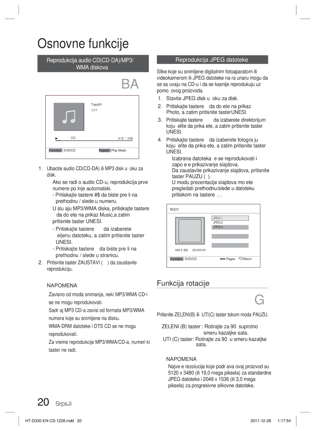 Samsung HT-D330/EN manual Funkcija rotacije, Reprodukcija audio CDCD-DA/MP3 WMA diskova, Reprodukcija Jpeg datoteke, Unesi 