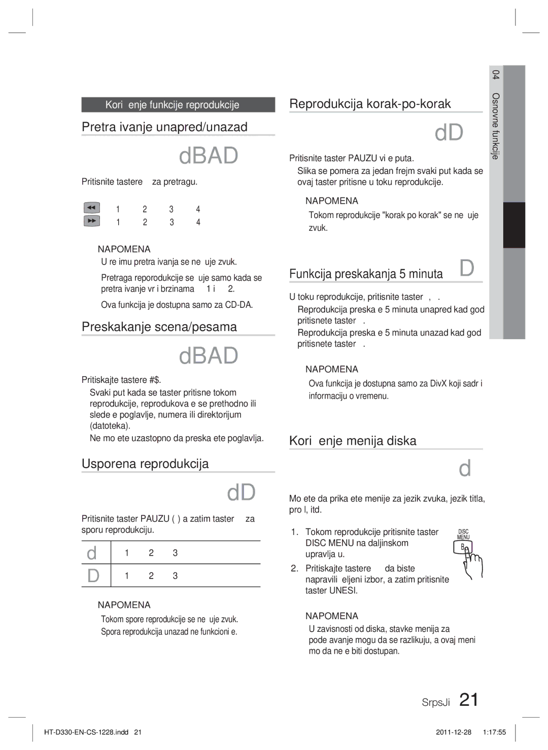 Samsung HT-D330/EN Pretraživanje unapred/unazad, Preskakanje scena/pesama, Usporena reprodukcija, Korišćenje menija diska 