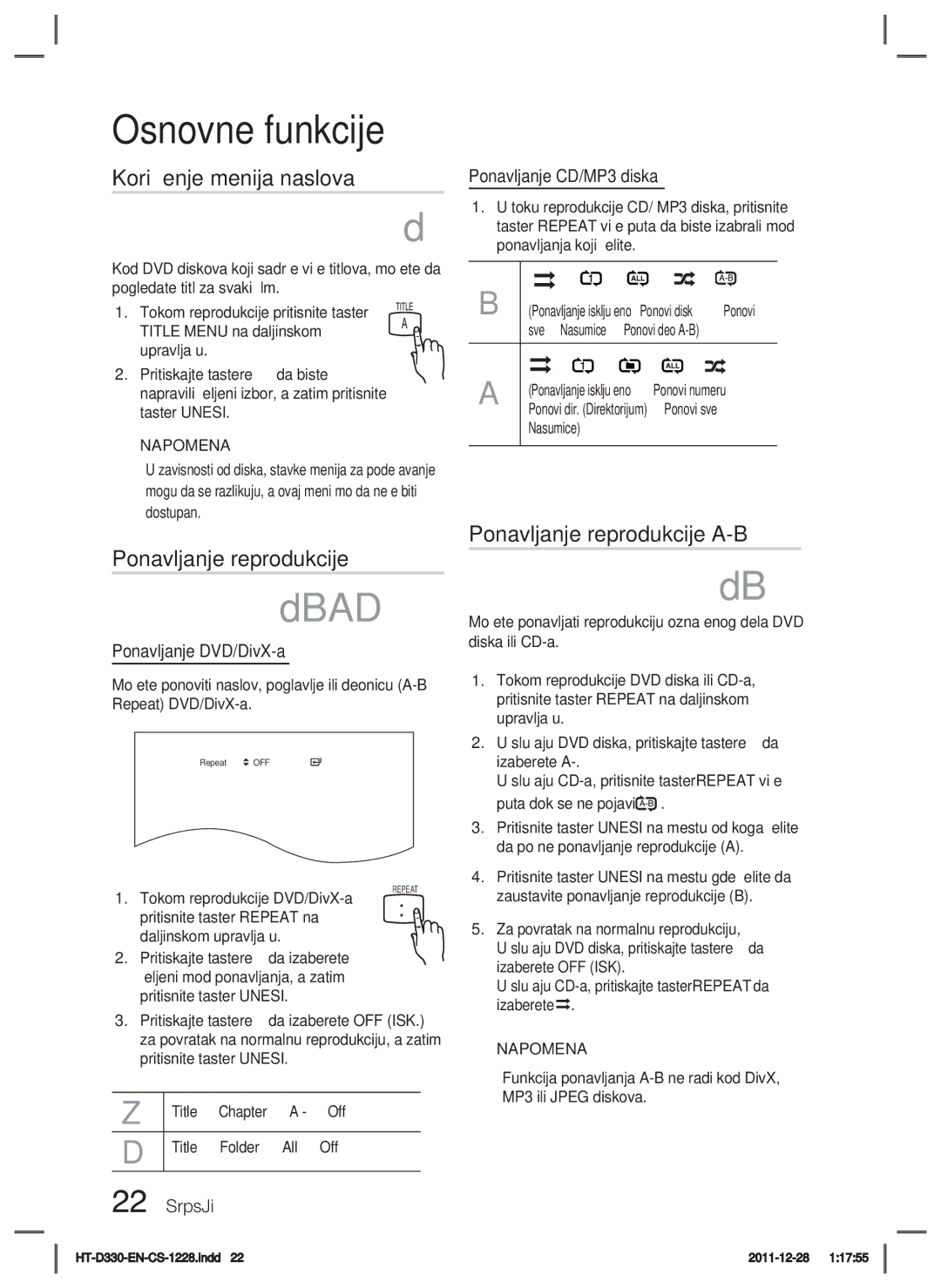 Samsung HT-D330/EN manual Korišćenje menija naslova, Ponavljanje reprodukcije A-B, Ponavljanje DVD/DivX-a 