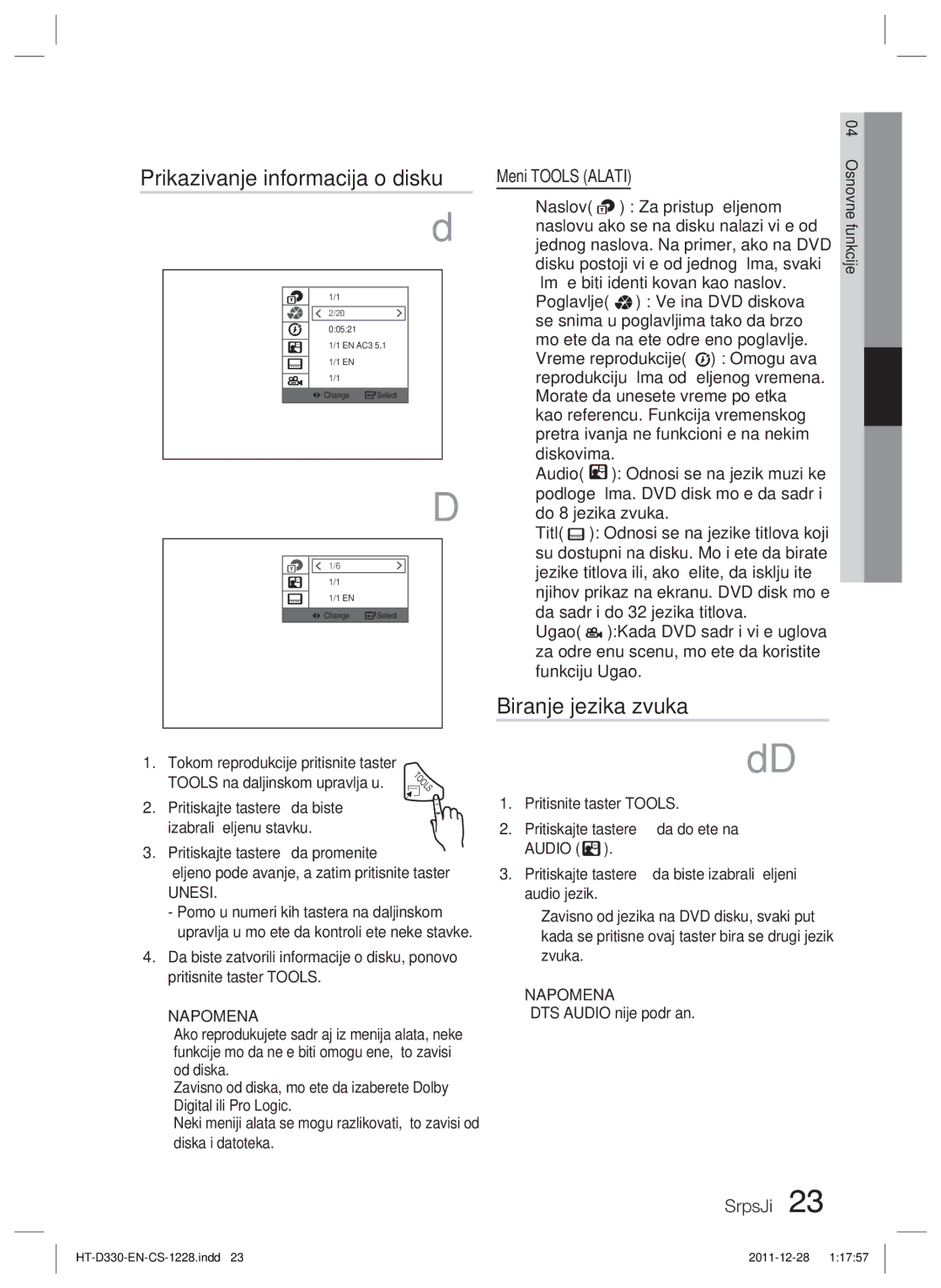 Samsung HT-D330/EN Prikazivanje informacija o disku, Biranje jezika zvuka,  DTS Audio nije podržan, Meni Tools Alati 