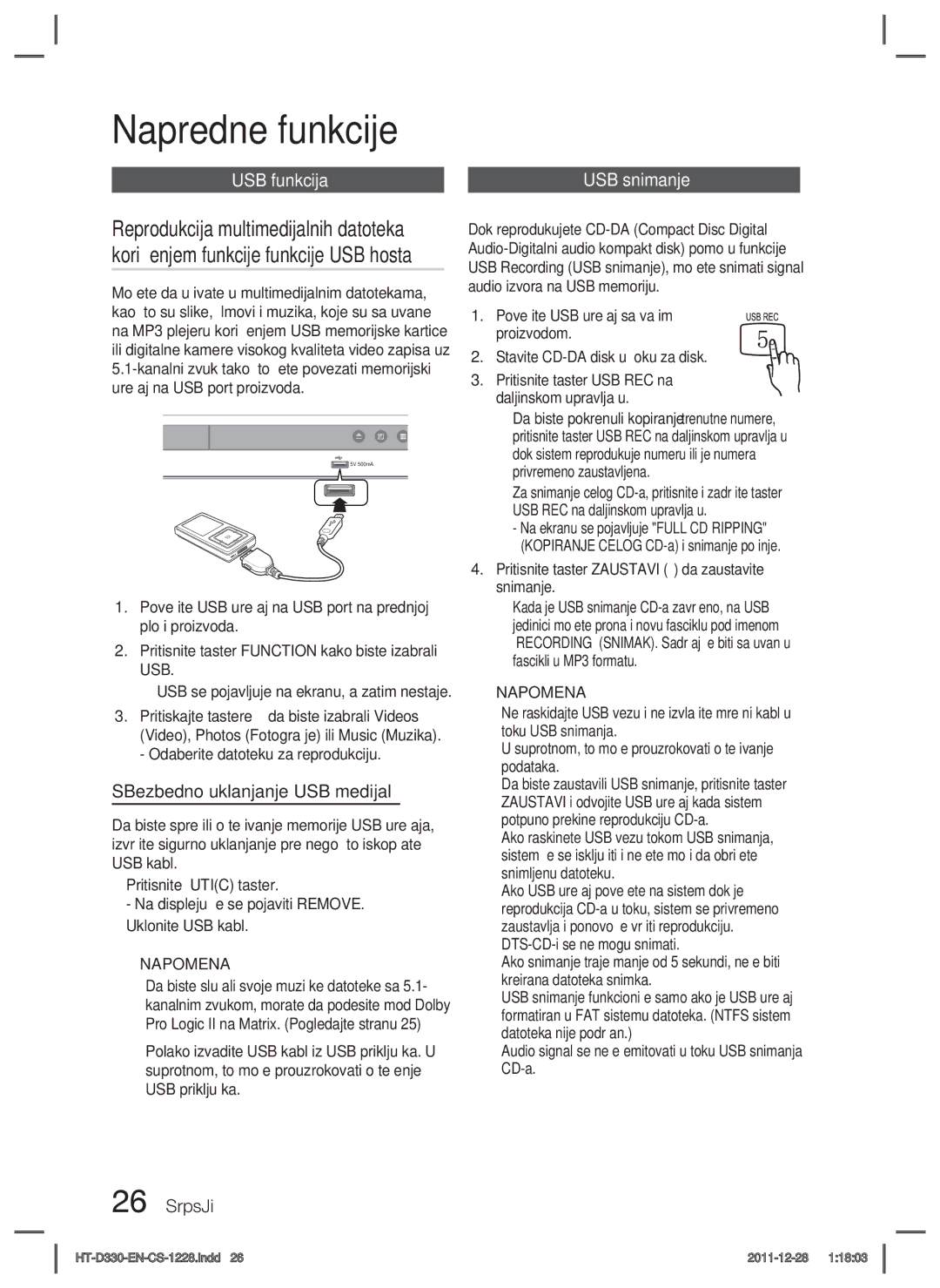 Samsung HT-D330/EN manual Napredne funkcije, USB funkcija, SBezbedno uklanjanje USB medijal 