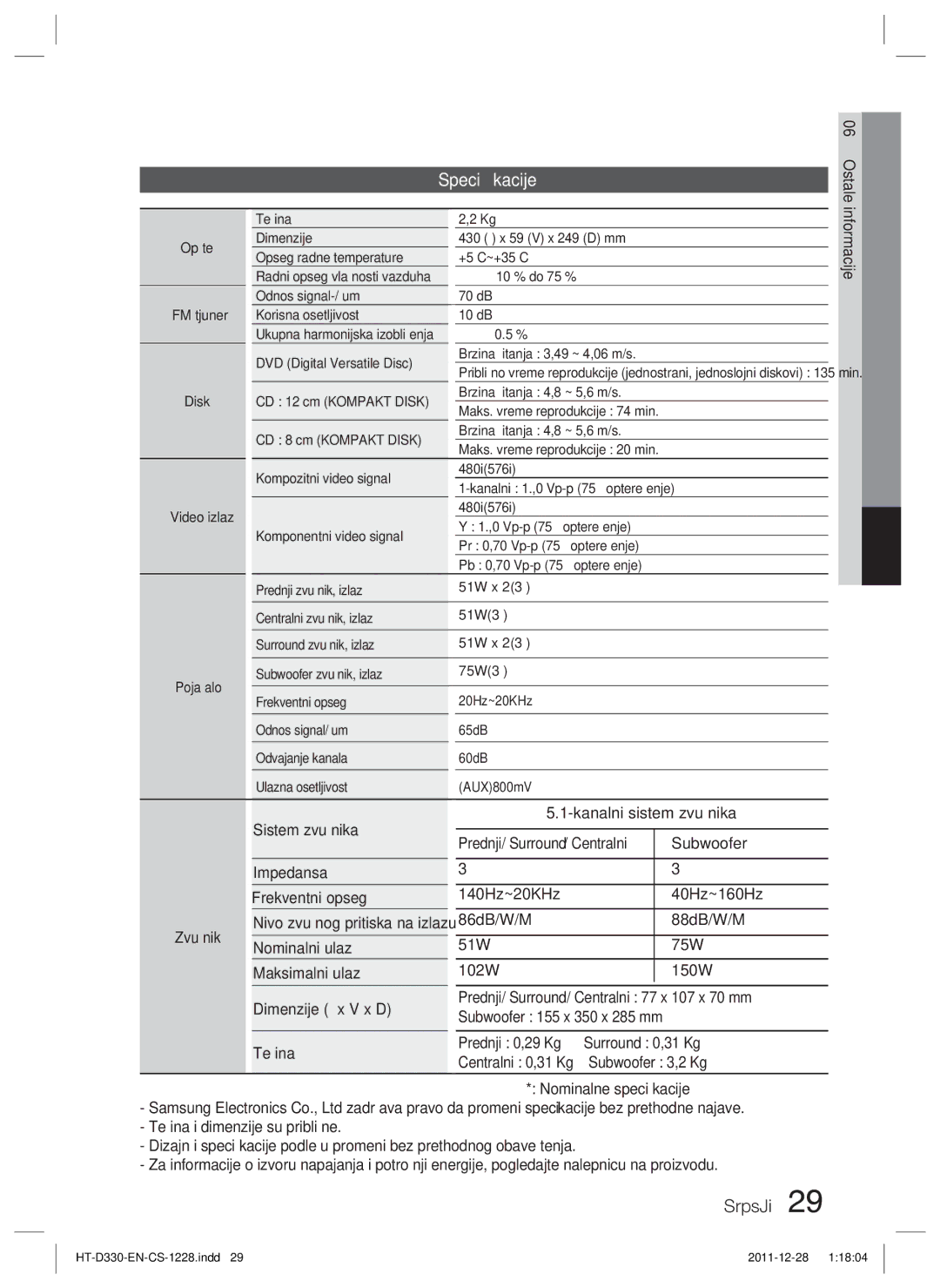 Samsung HT-D330/EN manual Speciﬁkacije, Zvučnik Sistem zvučnika Impedansa Frekventni opseg, FM tjuner 