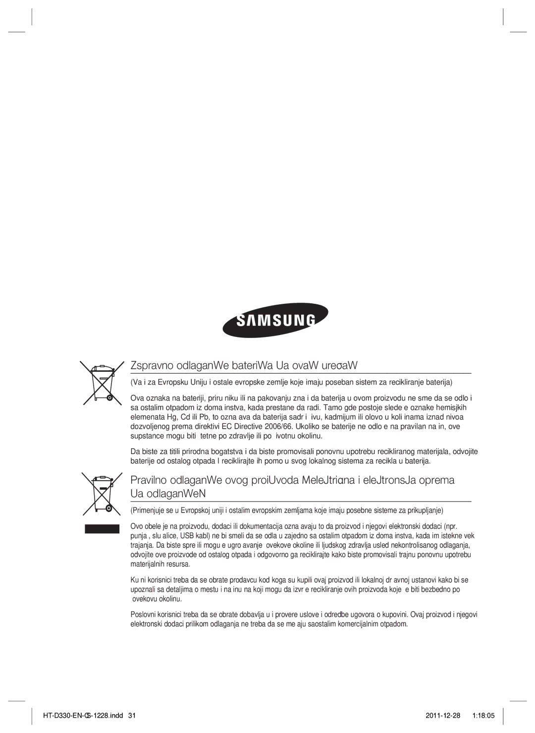 Samsung HT-D330/EN manual Ispravno odlaganje baterija za ovaj uređaj 