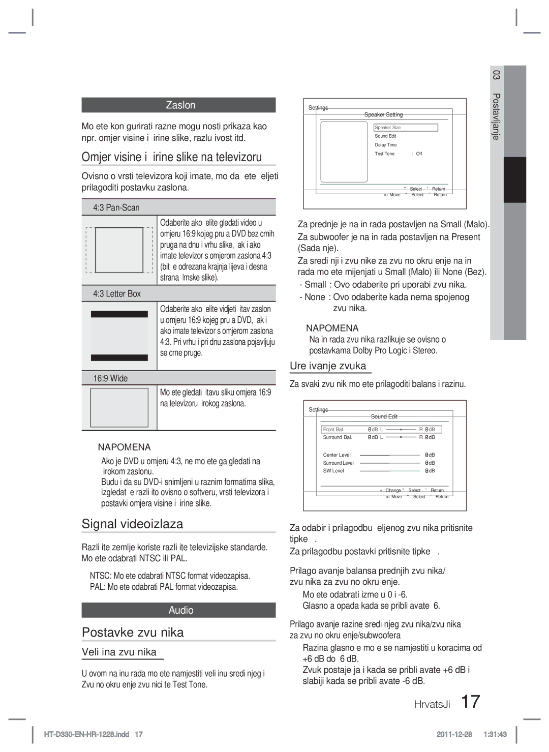 Samsung HT-D330/EN manual Signal videoizlaza, Postavke zvučnika, Zaslon, PAL Možete odabrati PAL format videozapisa 