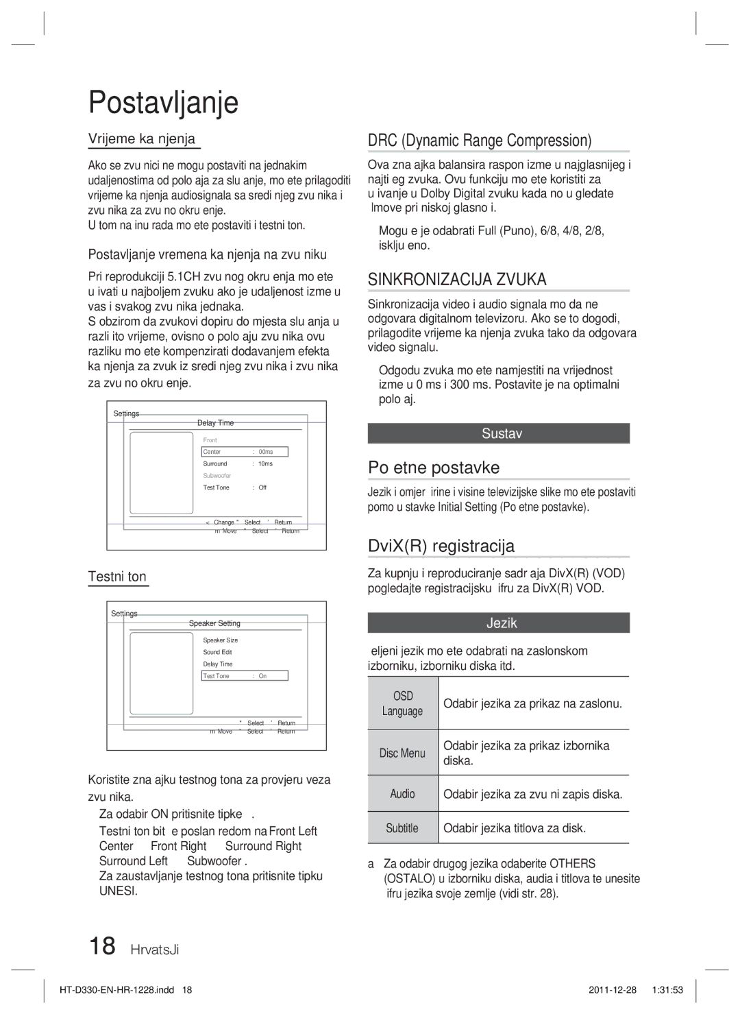 Samsung HT-D330/EN manual Početne postavke, DviXR registracija, Vrijeme kašnjenja, Testni ton, Sustav 