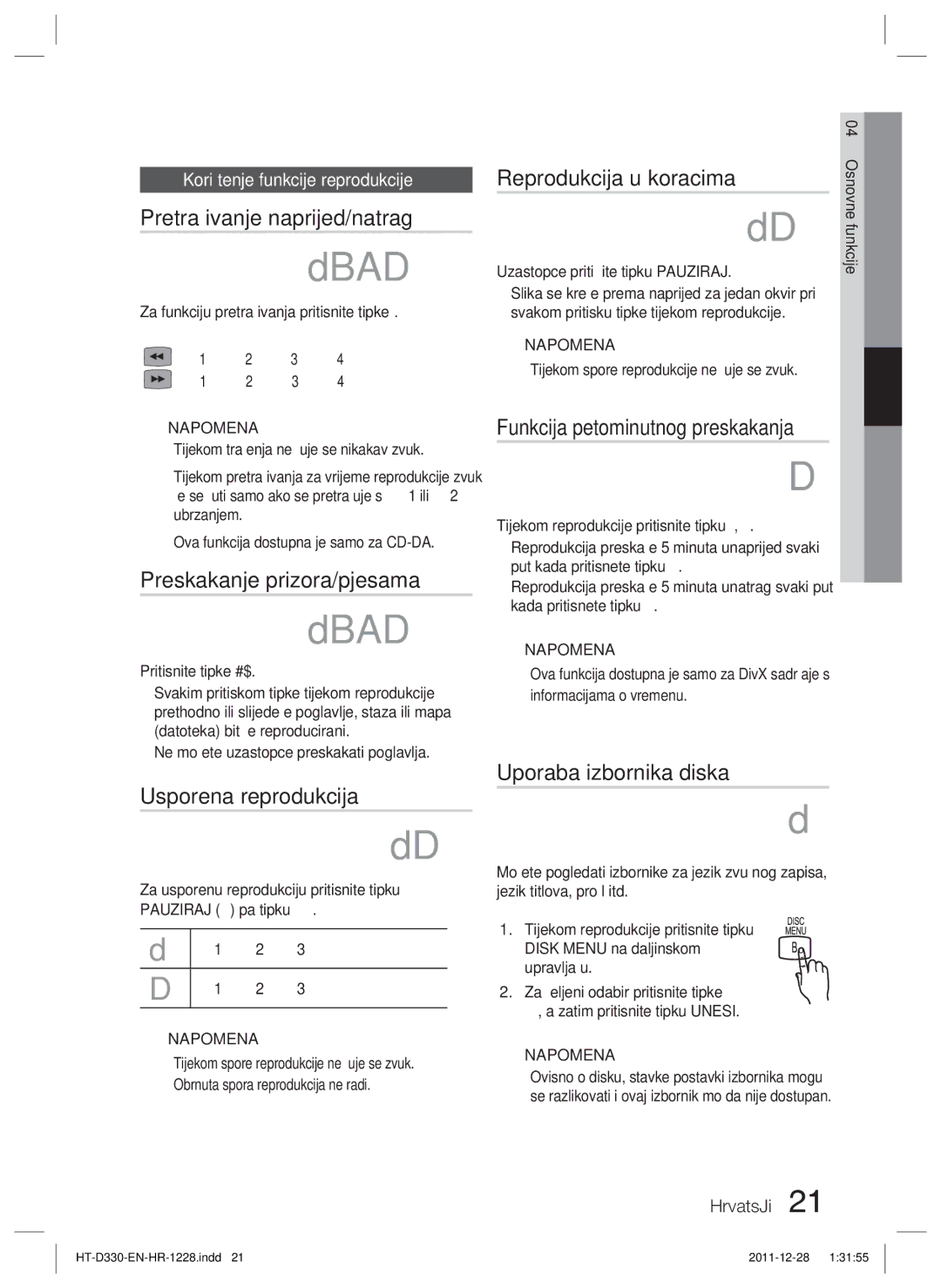 Samsung HT-D330/EN manual Pretraživanje naprijed/natrag, Preskakanje prizora/pjesama, Reprodukcija u koracima 