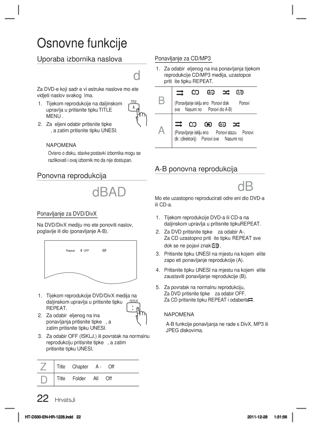 Samsung HT-D330/EN manual Uporaba izbornika naslova, Ponovna reprodukcija, Ponavljanje za DVD/DivX, Repeat 