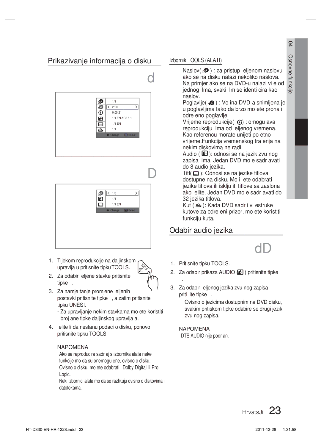 Samsung HT-D330/EN manual Odabir audio jezika, Na primjer ako se na DVD-u nalazi više od, Izbornik Tools Alati 