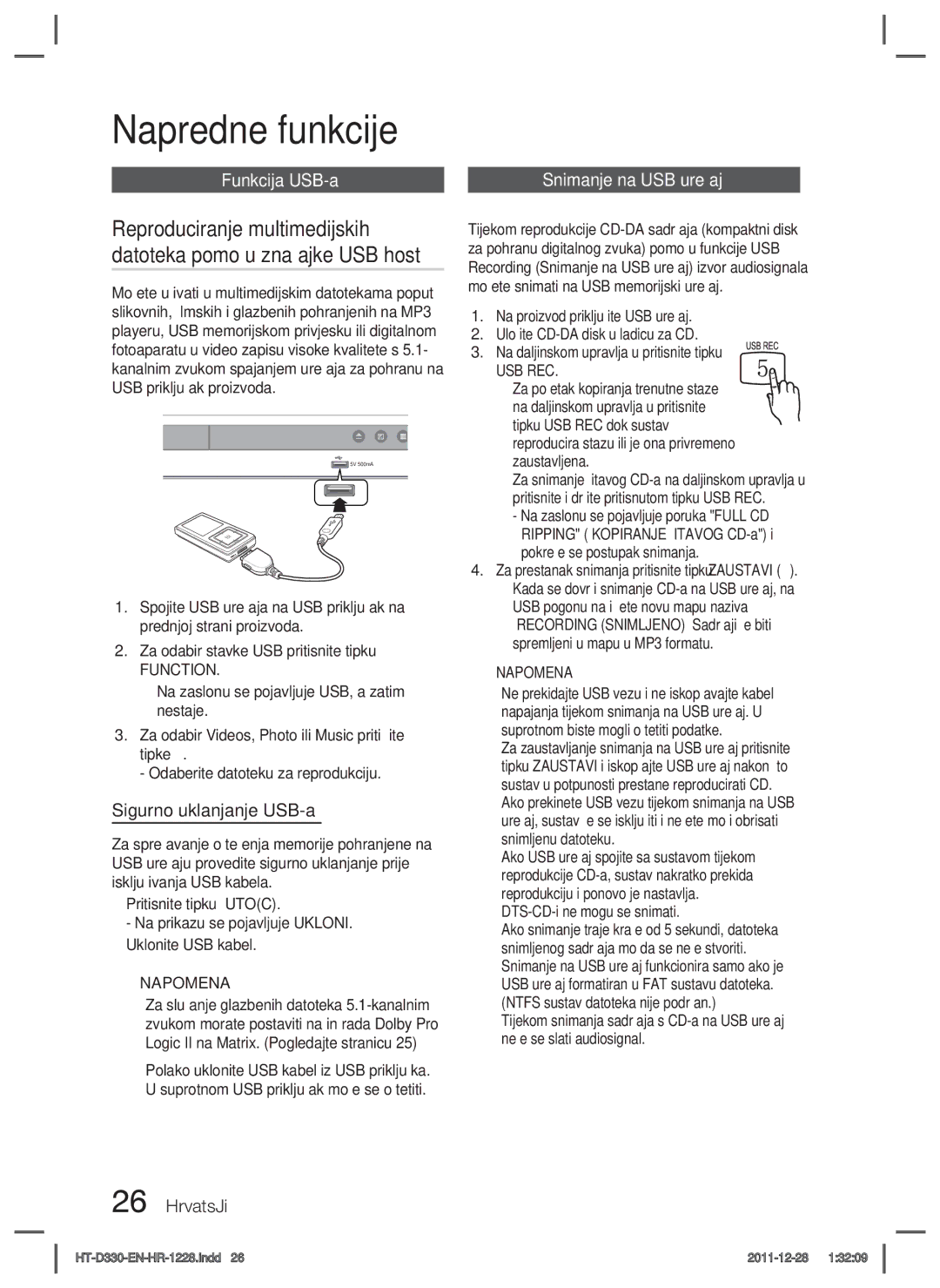 Samsung HT-D330/EN manual Funkcija USB-a, Sigurno uklanjanje USB-a, Function, Usb Rec 