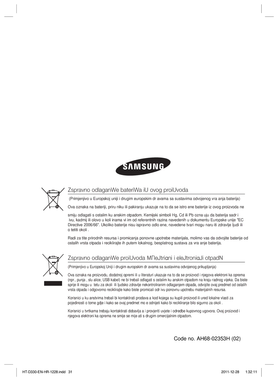 Samsung HT-D330/EN manual Ispravno odlaganje baterija iz ovog proizvoda 