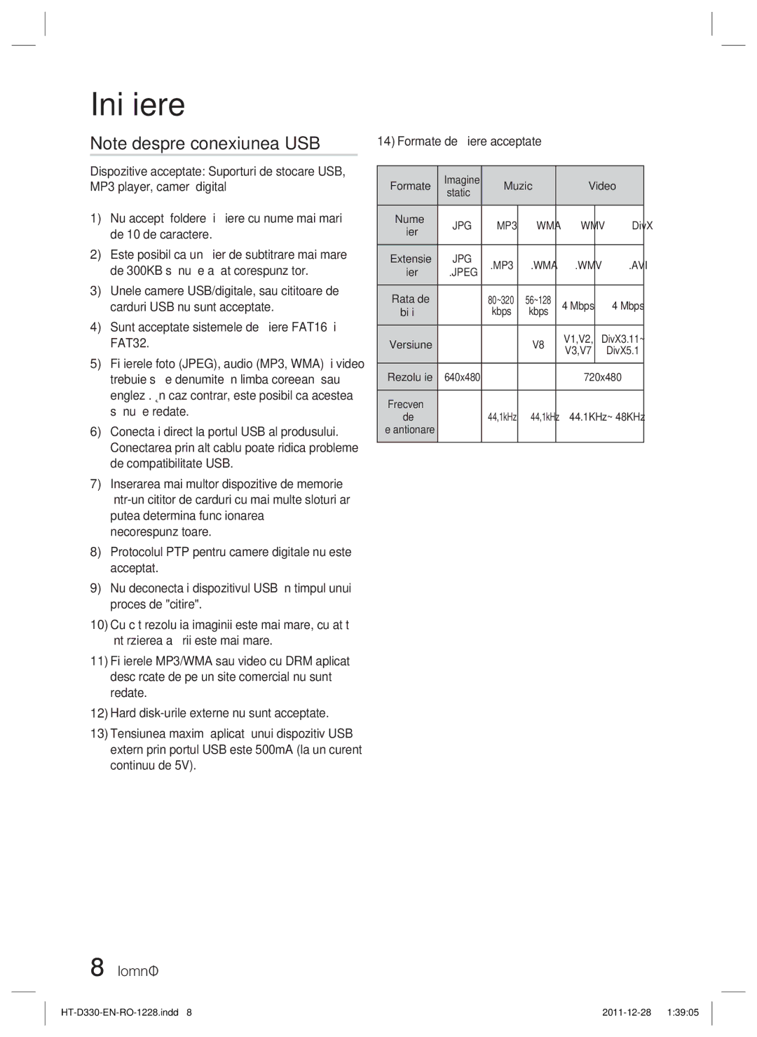 Samsung HT-D330/EN manual Formate, Muzică Video, Biţi Kbps 