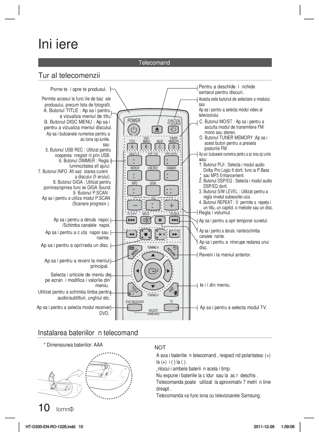 Samsung HT-D330/EN manual Tur al telecomenzii, Instalarea bateriilor în telecomandă, Telecomandă, 10 Română 