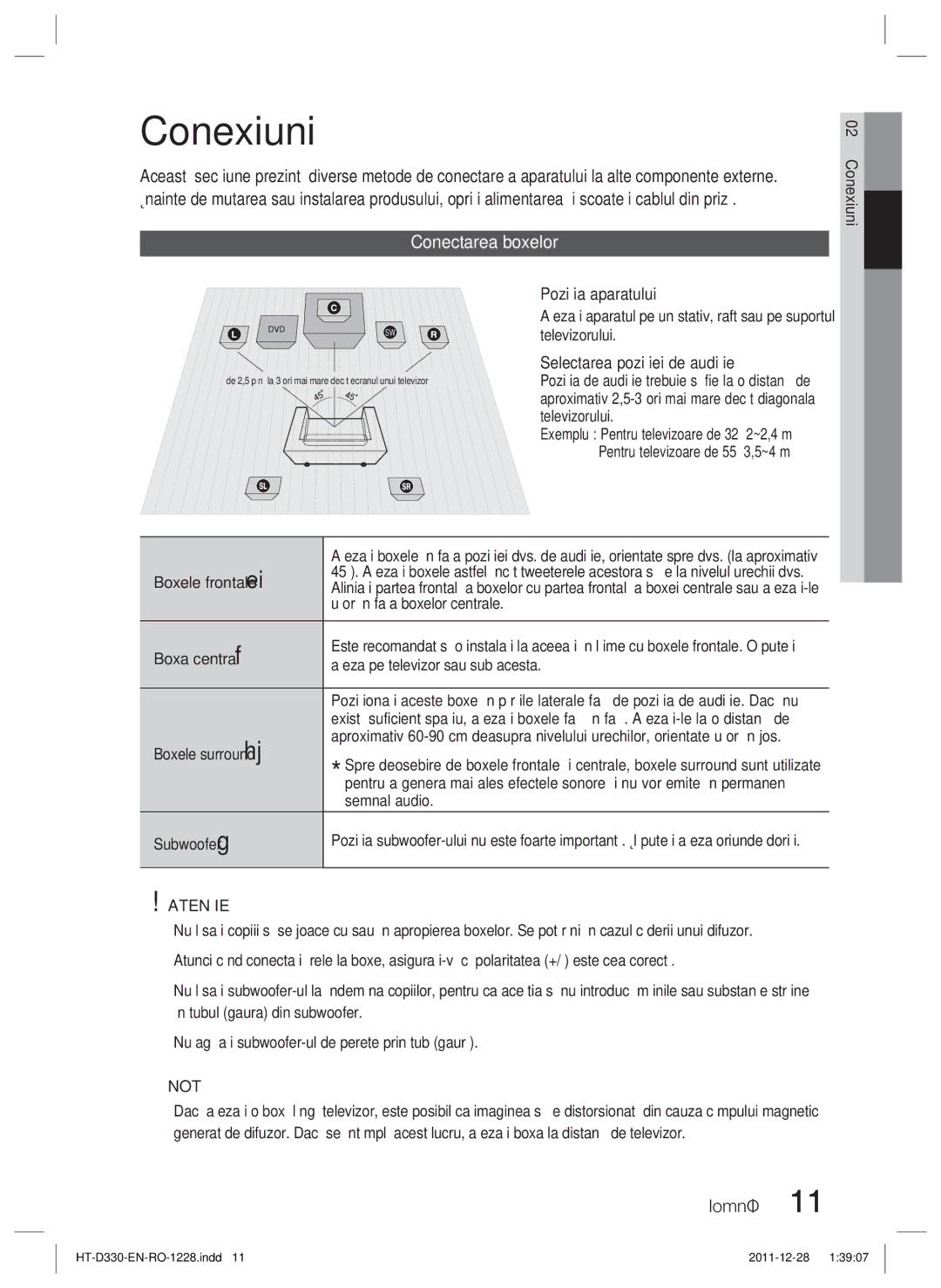 Samsung HT-D330/EN manual Conexiuni, Conectarea boxelor, Atenţie 