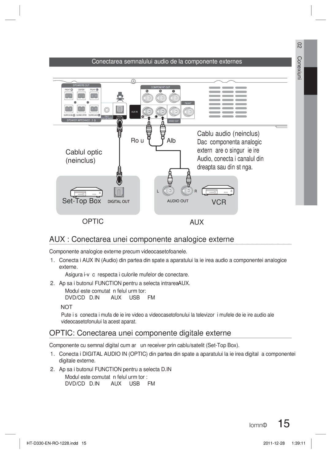 Samsung HT-D330/EN AUX Conectarea unei componente analogice externe, Optic Conectarea unei componente digitale externe 