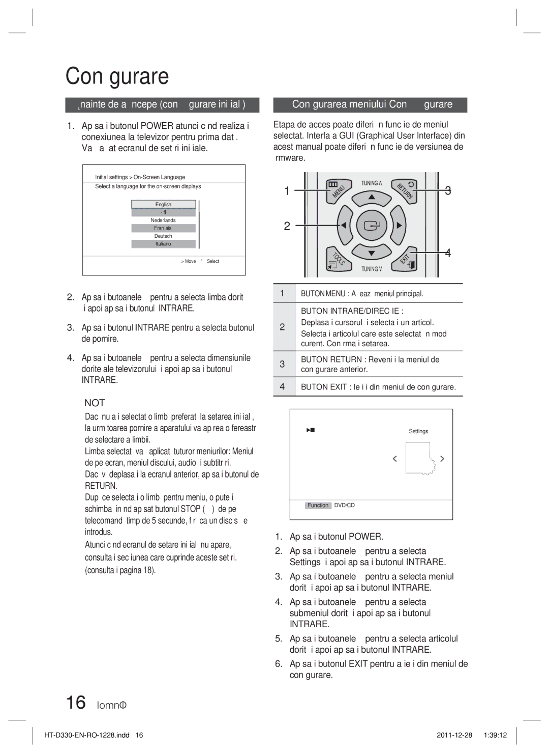 Samsung HT-D330/EN manual Înainte de a începe conﬁgurare iniţială, 16 Română, Conﬁgurarea meniului Conﬁgurare 