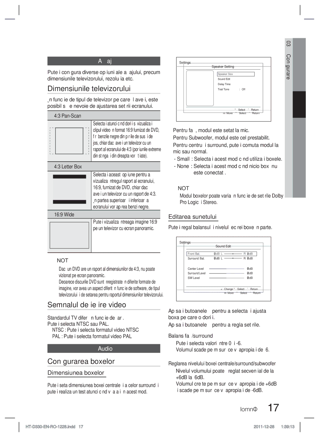 Samsung HT-D330/EN manual Dimensiunile televizorului, Semnalul de ieşire video, Conﬁgurarea boxelor, Aﬁşaj, Audio 