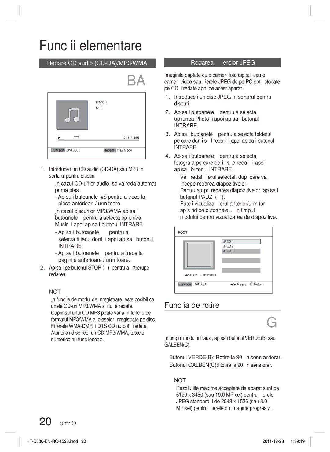 Samsung HT-D330/EN manual Funcţia de rotire, Redare CD audio CD-DA/MP3/WMA, 20 Română, Redarea ﬁşierelor Jpeg 