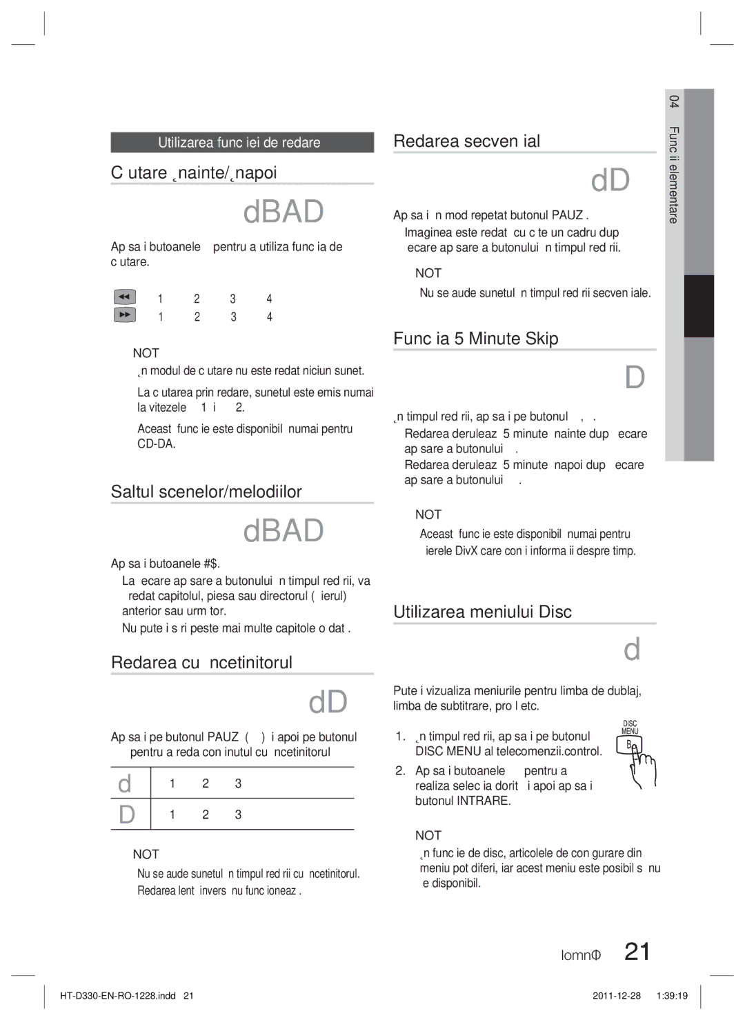 Samsung HT-D330/EN manual Căutare Înainte/Înapoi, Saltul scenelor/melodiilor, Redarea cu încetinitorul, Redarea secvenţială 