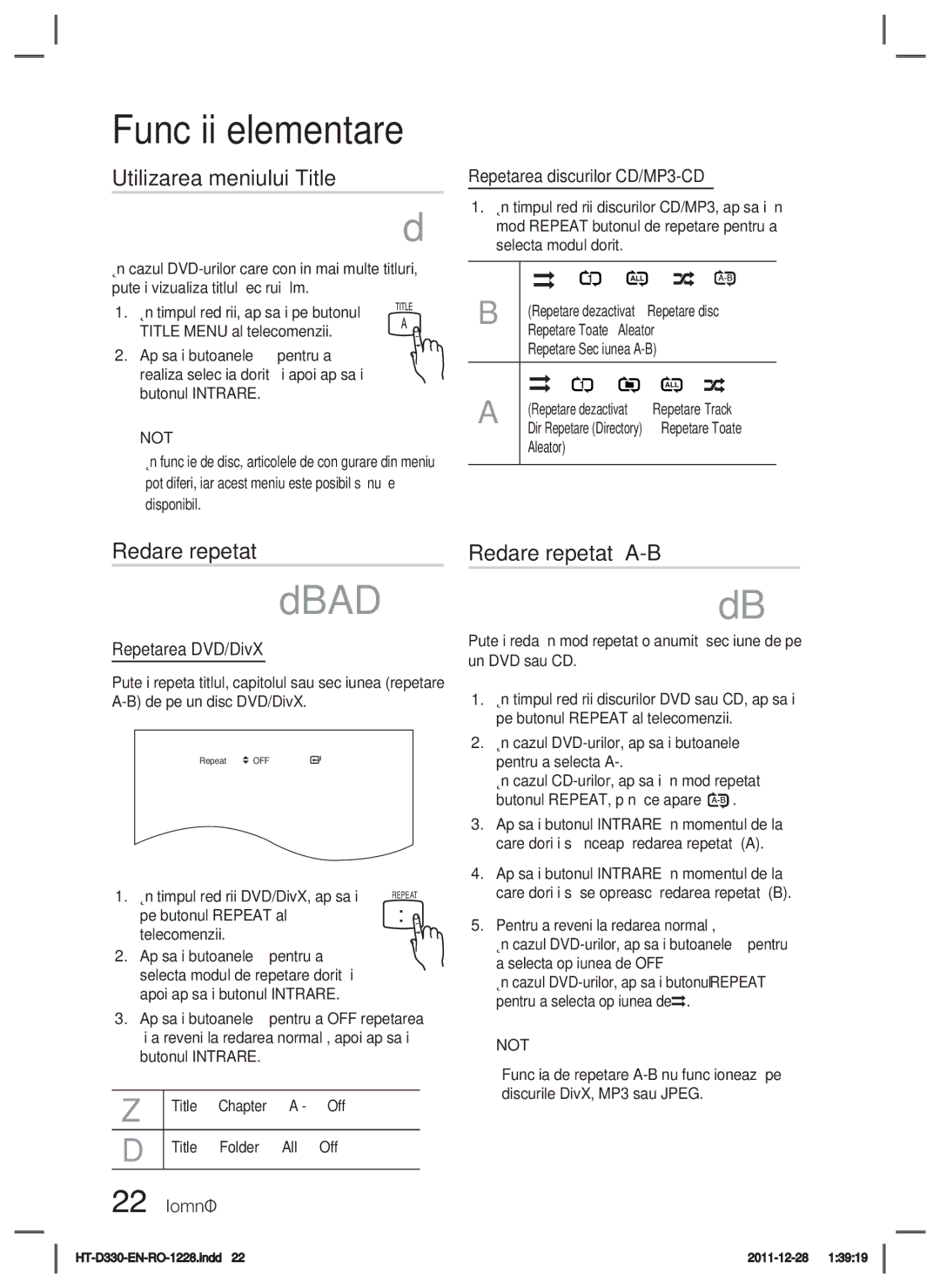 Samsung HT-D330/EN manual Utilizarea meniului Title, Redare repetată A-B 