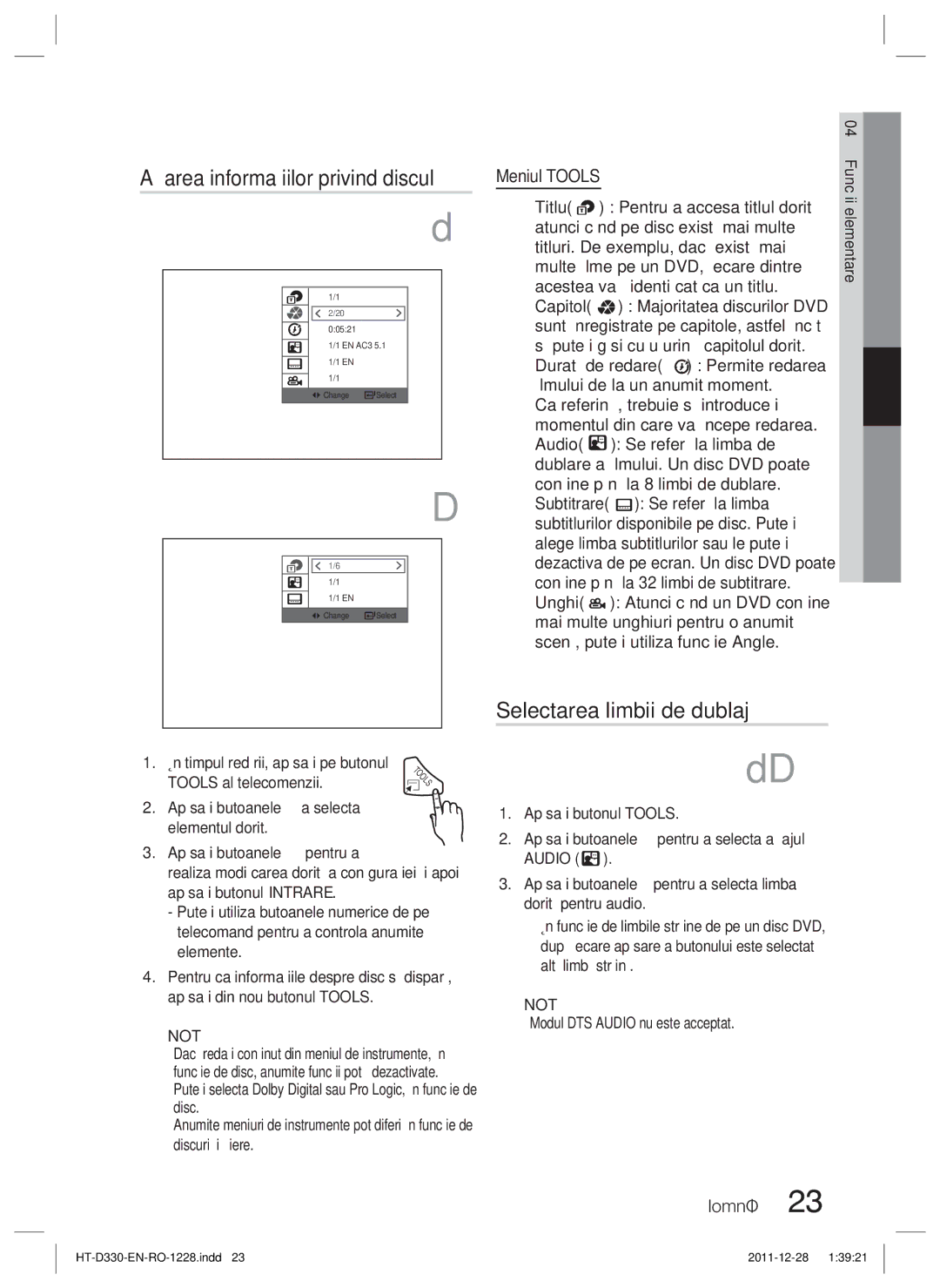 Samsung HT-D330/EN Aﬁşarea informaţiilor privind discul, Selectarea limbii de dublaj,  Titlu Pentru a accesa titlul dorit 