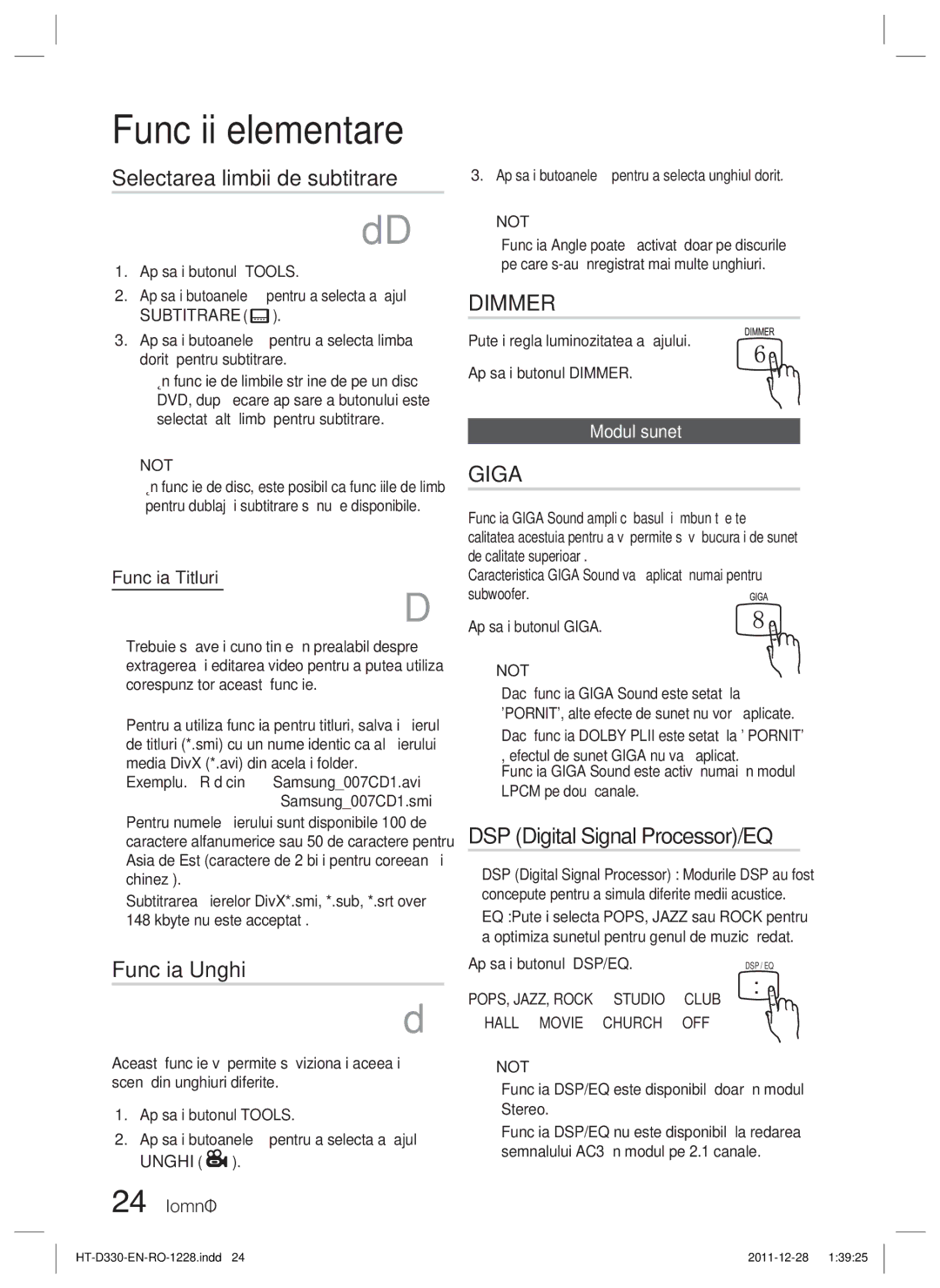 Samsung HT-D330/EN manual Selectarea limbii de subtitrare, Funcţia Unghi, DSP Digital Signal Processor/EQ, Modul sunet 