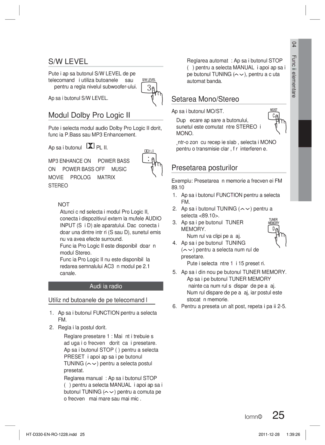 Samsung HT-D330/EN manual Modul Dolby Pro Logic, Setarea Mono/Stereo, Presetarea posturilor, Audiţia radio 