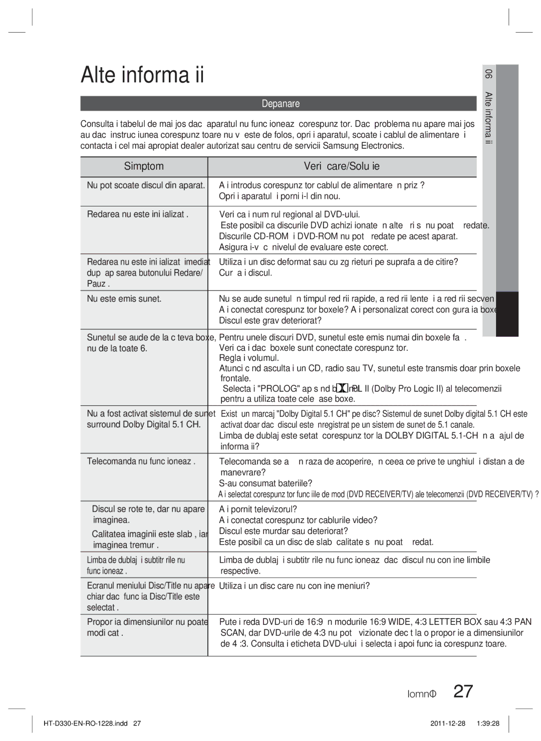 Samsung HT-D330/EN manual Alte informaţii, Simptom Veriﬁcare/Soluţie, Depanare 