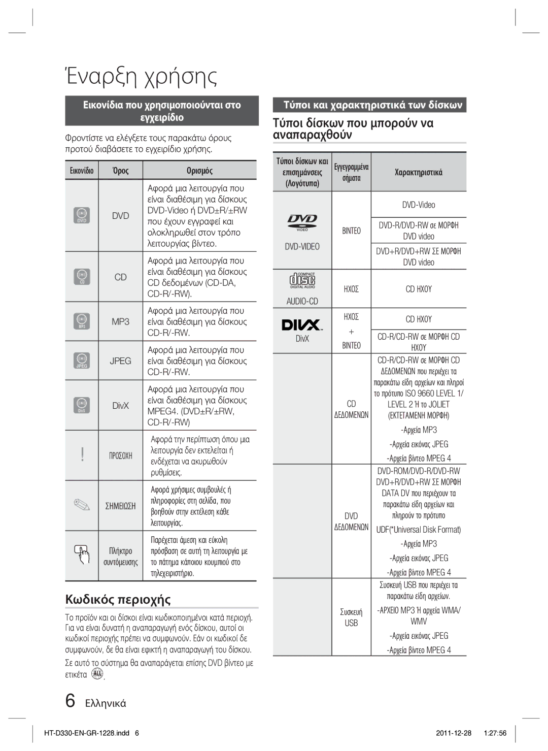 Samsung HT-D330/EN manual Έναρξη χρήσης, Κωδικός περιοχής, Τύποι δίσκων που μπορούν να αναπαραχθούν 