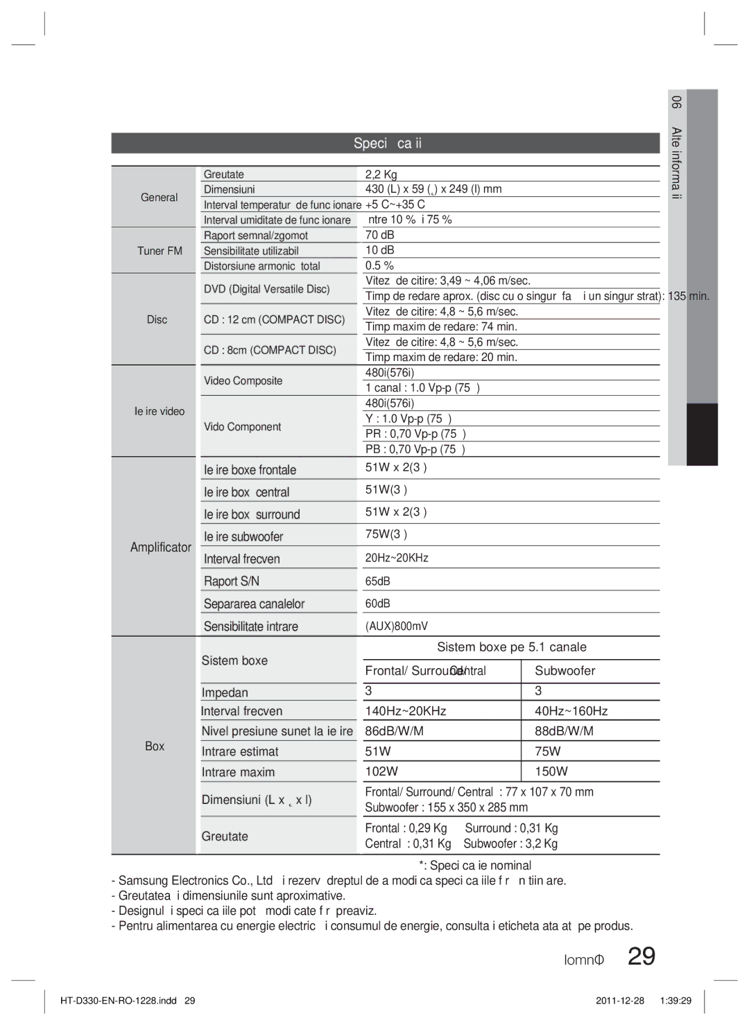 Samsung HT-D330/EN manual Speciﬁcaţii 