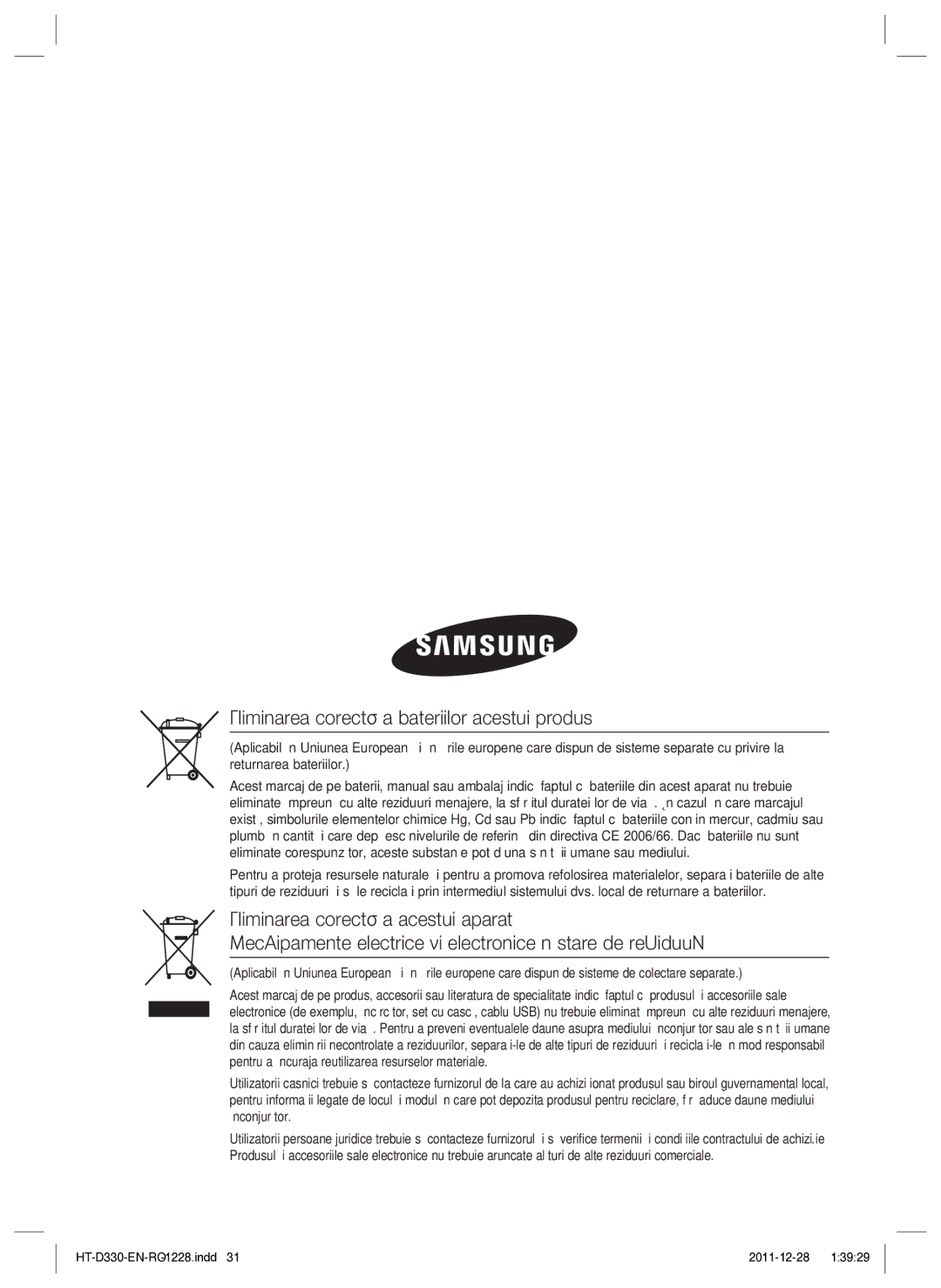 Samsung HT-D330/EN manual Eliminarea corectă a bateriilor acestui produs 