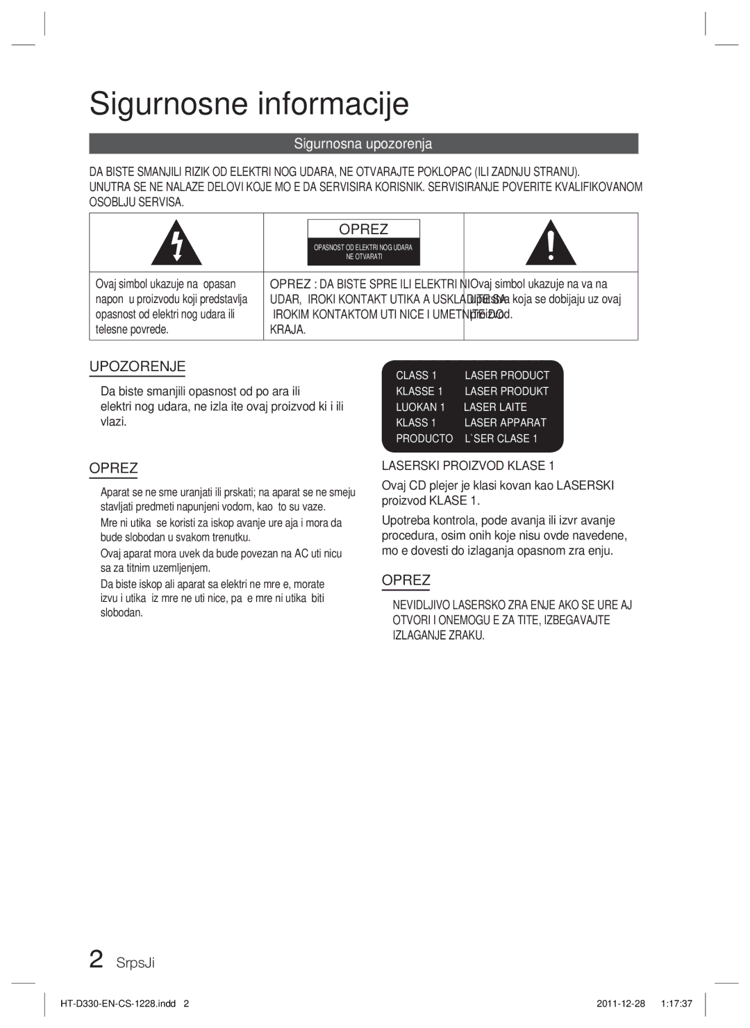 Samsung HT-D330/EN manual Sigurnosne informacije, Sigurnosna upozorenja, Srpski, Kraja, Laserski Proizvod Klase 