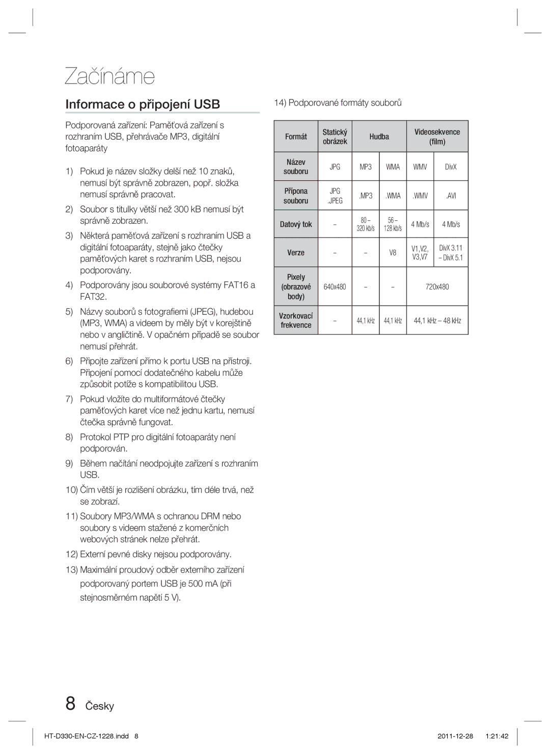 Samsung HT-D330/EN manual Informace o připojení USB, Hudba 