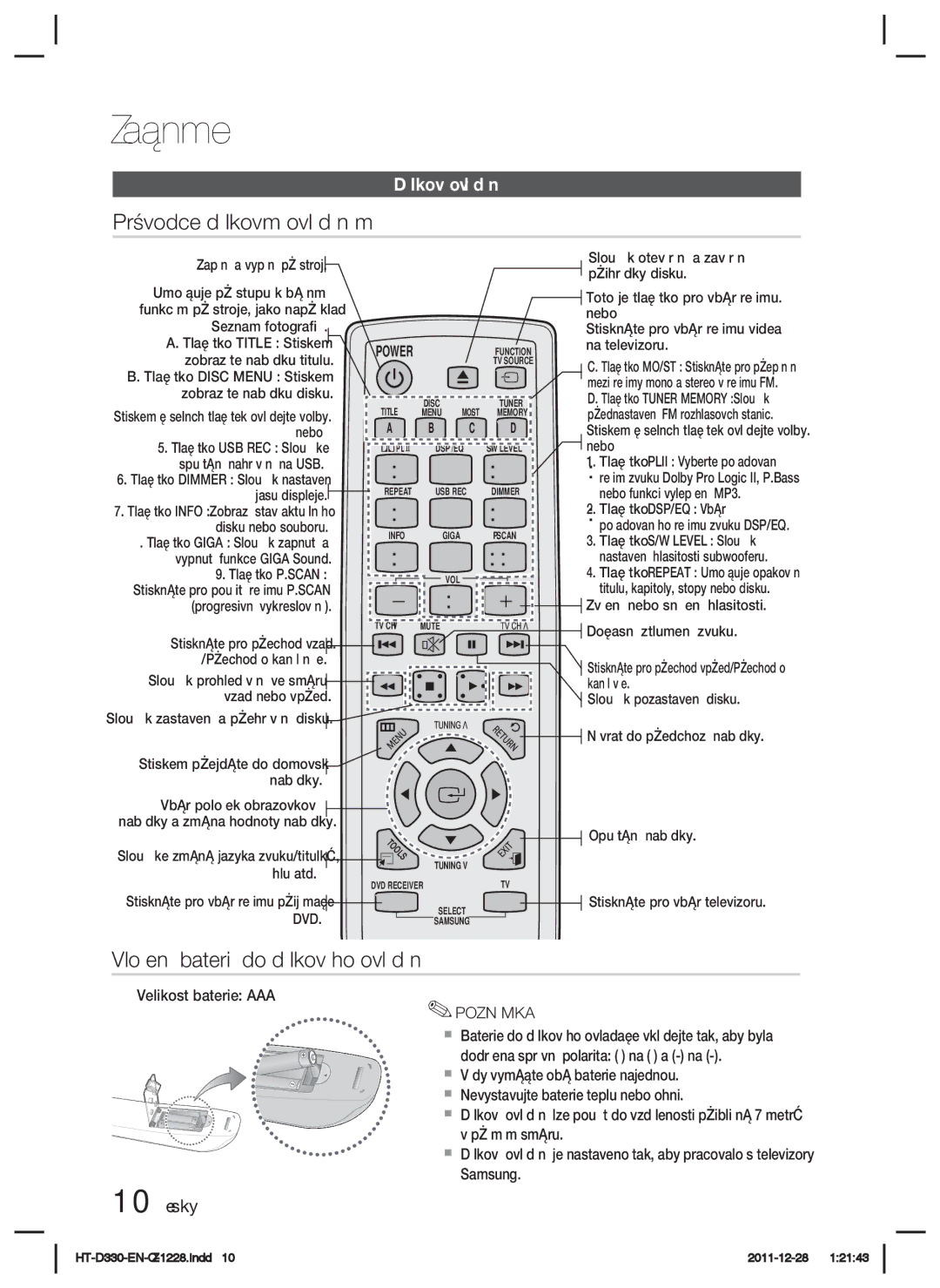 Samsung HT-D330/EN manual Průvodce dálkovým ovládáním, Vložení baterií do dálkového ovládání, Dálkové ovládání, 10 Česky 