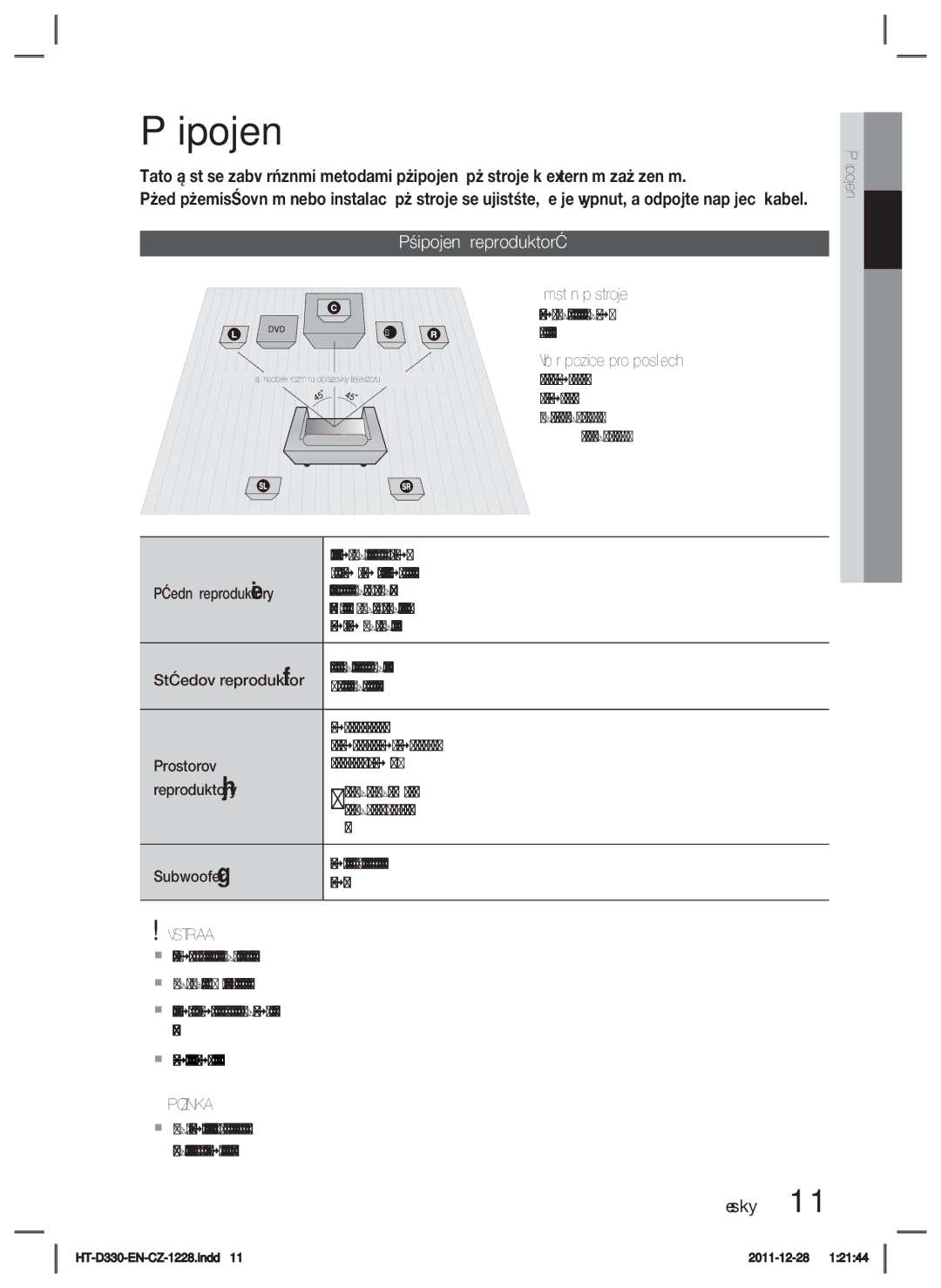 Samsung HT-D330/EN manual Připojení reproduktorů, Výstraha 