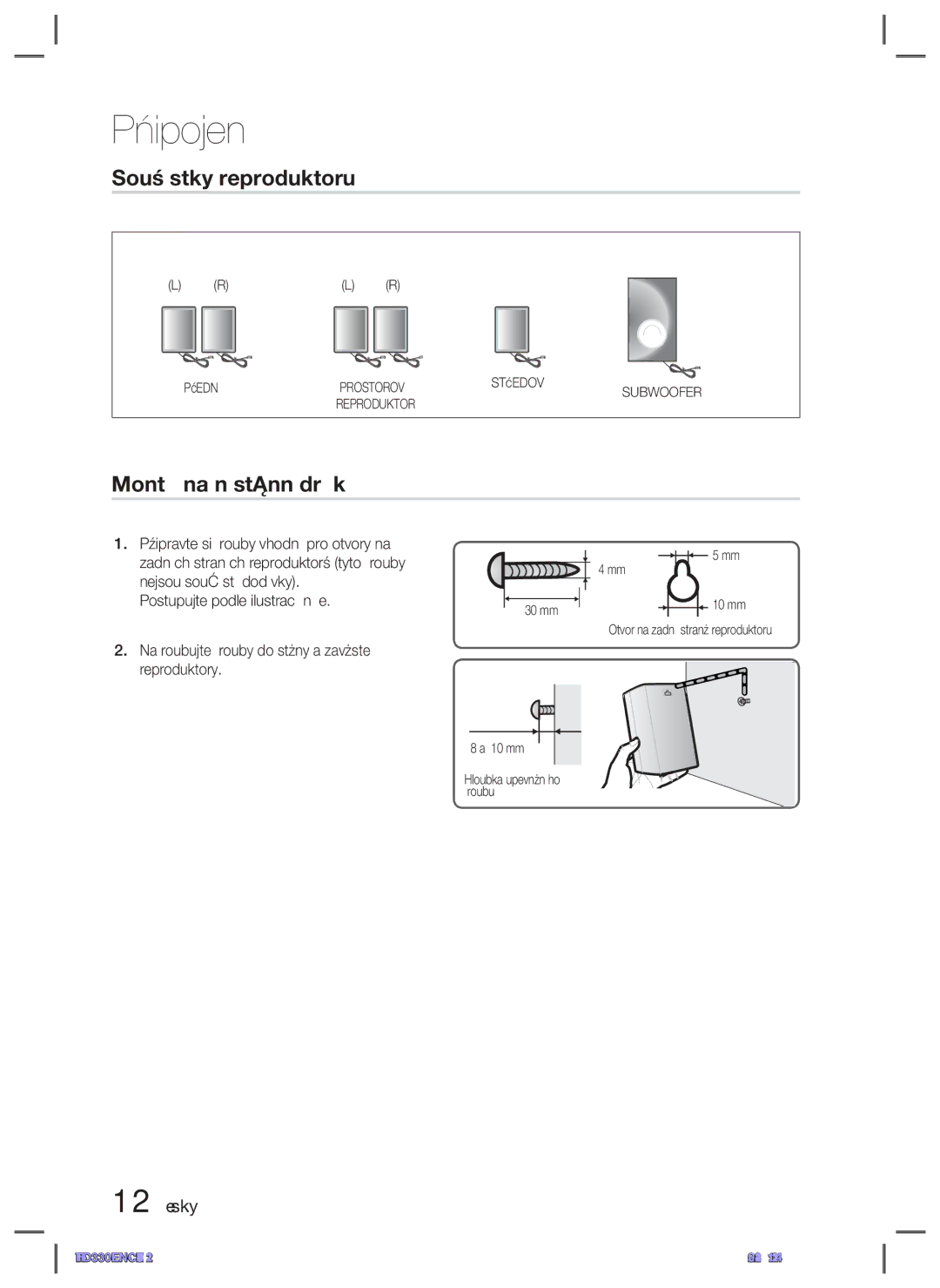 Samsung HT-D330/EN manual Součástky reproduktoru, Montáž na nástěnný držák, 12 Česky 