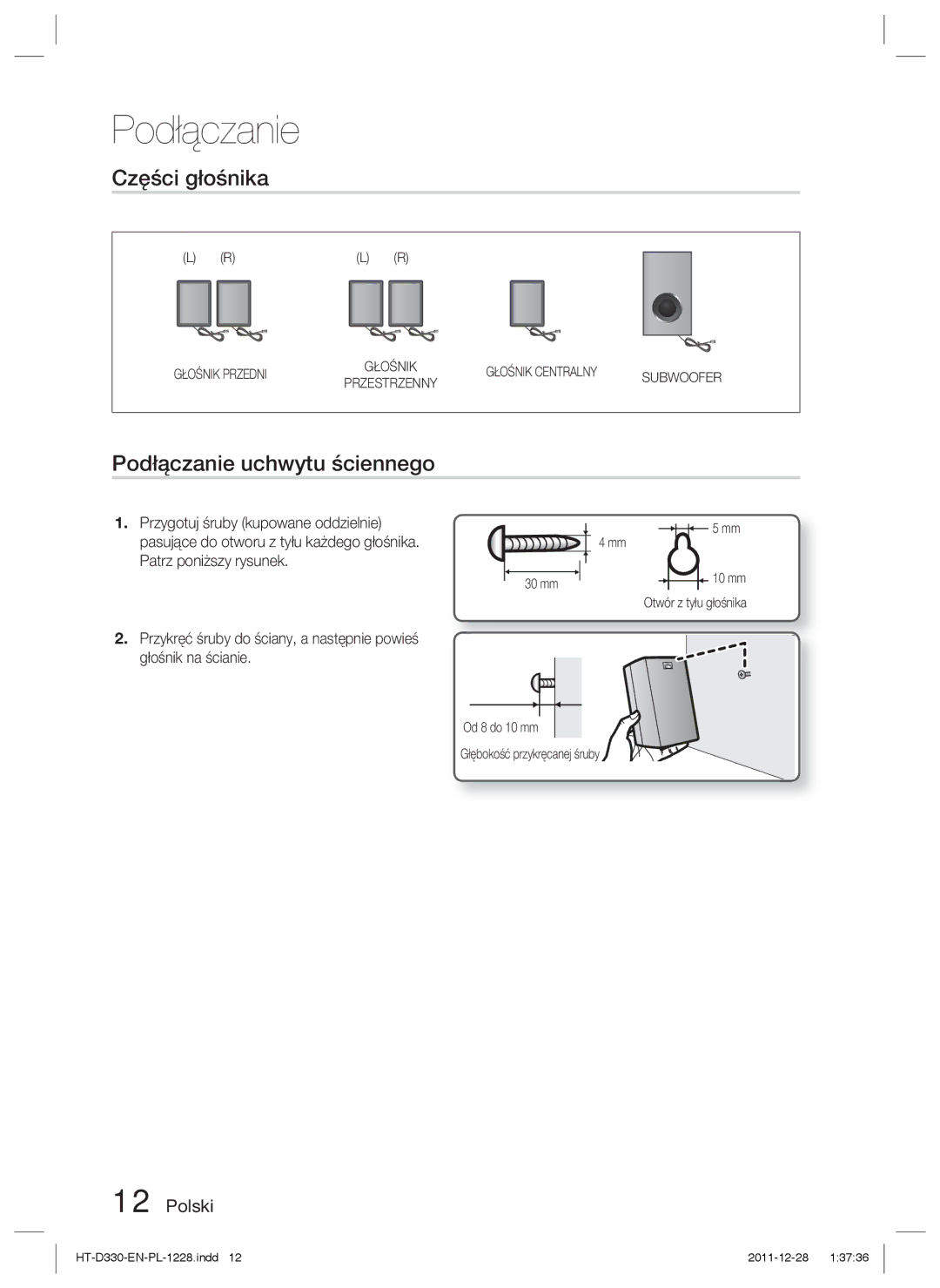 Samsung HT-D330/EN manual Części głośnika, Podłączanie uchwytu ściennego, Głośnik Przedni, Głośnik Centralny 