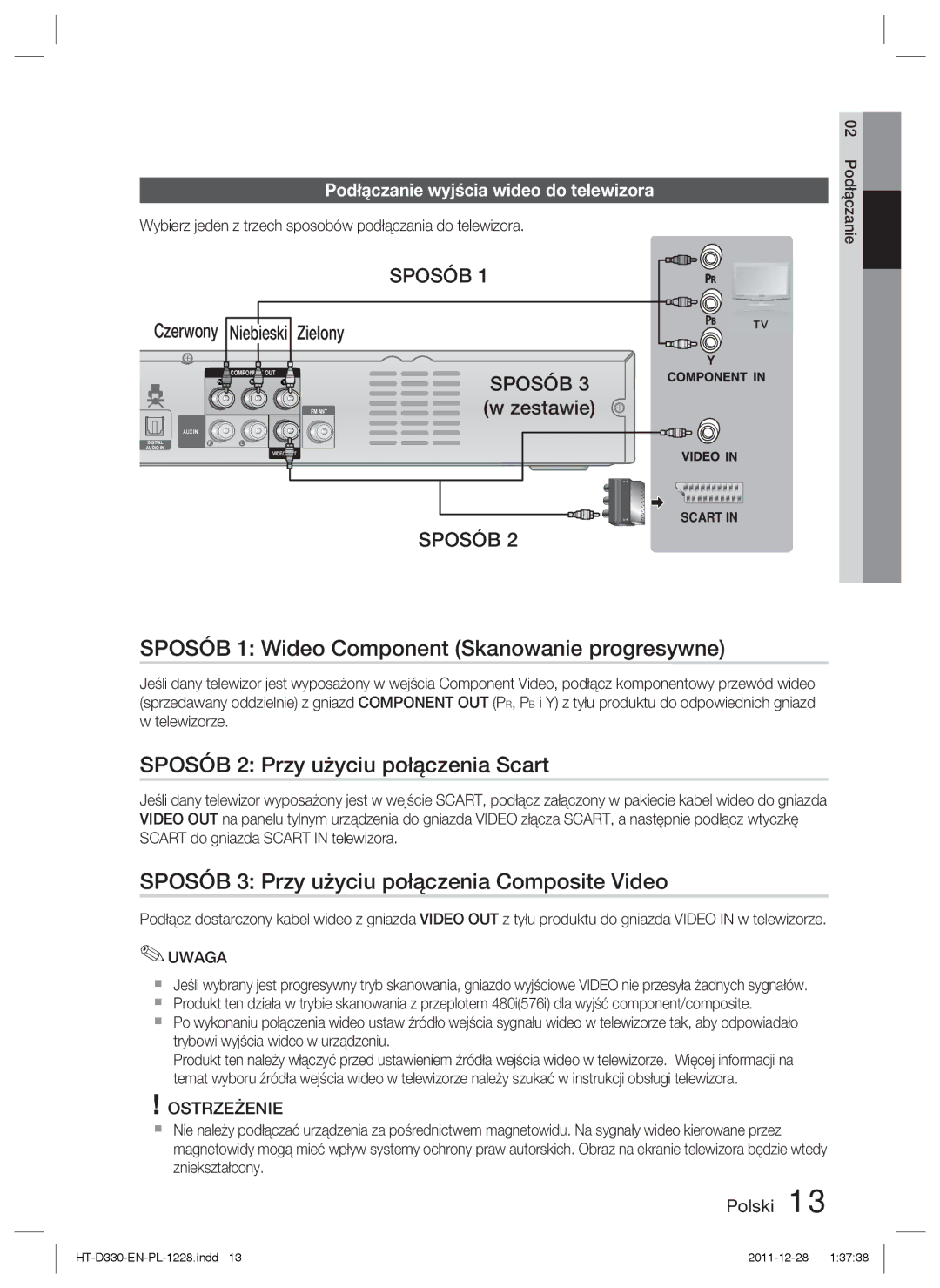 Samsung HT-D330/EN manual Sposób 1 Wideo Component Skanowanie progresywne, Sposób 2 Przy użyciu połączenia Scart, Zestawie 