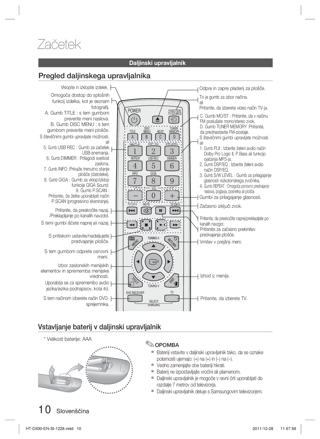 Samsung HT-D330/EN Pregled daljinskega upravljalnika, Vstavljanje baterij v daljinski upravljalnik, Daljinski upravljalnik 