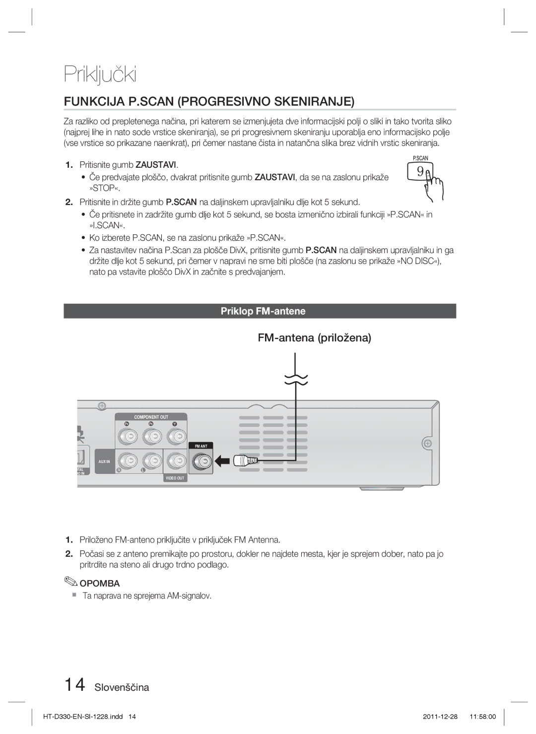 Samsung HT-D330/EN manual Funkcija P.SCAN Progresivno Skeniranje, FM-antena priložena, Priklop FM-antene, »Stop« 